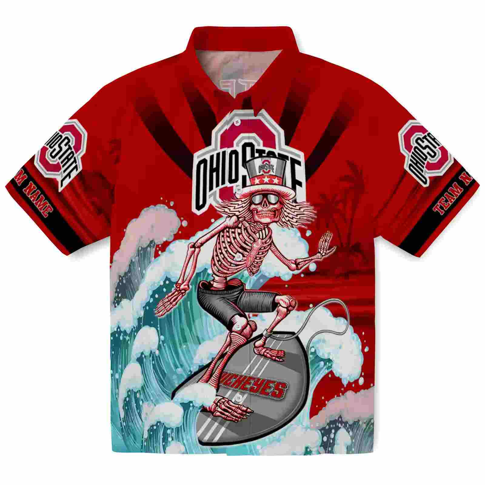 Personalized Ohio State Buckeyes Surfing Skeleton Scarlet Blue Hawaiian Shirt