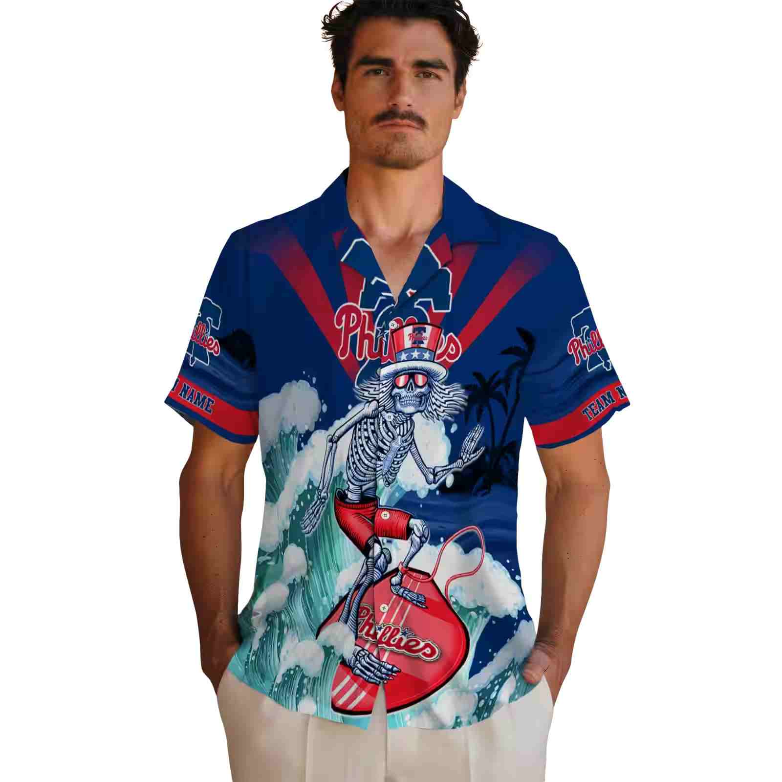 personalized philadelphia phillies surfing skeleton blue hawaiian shirt fashion forward