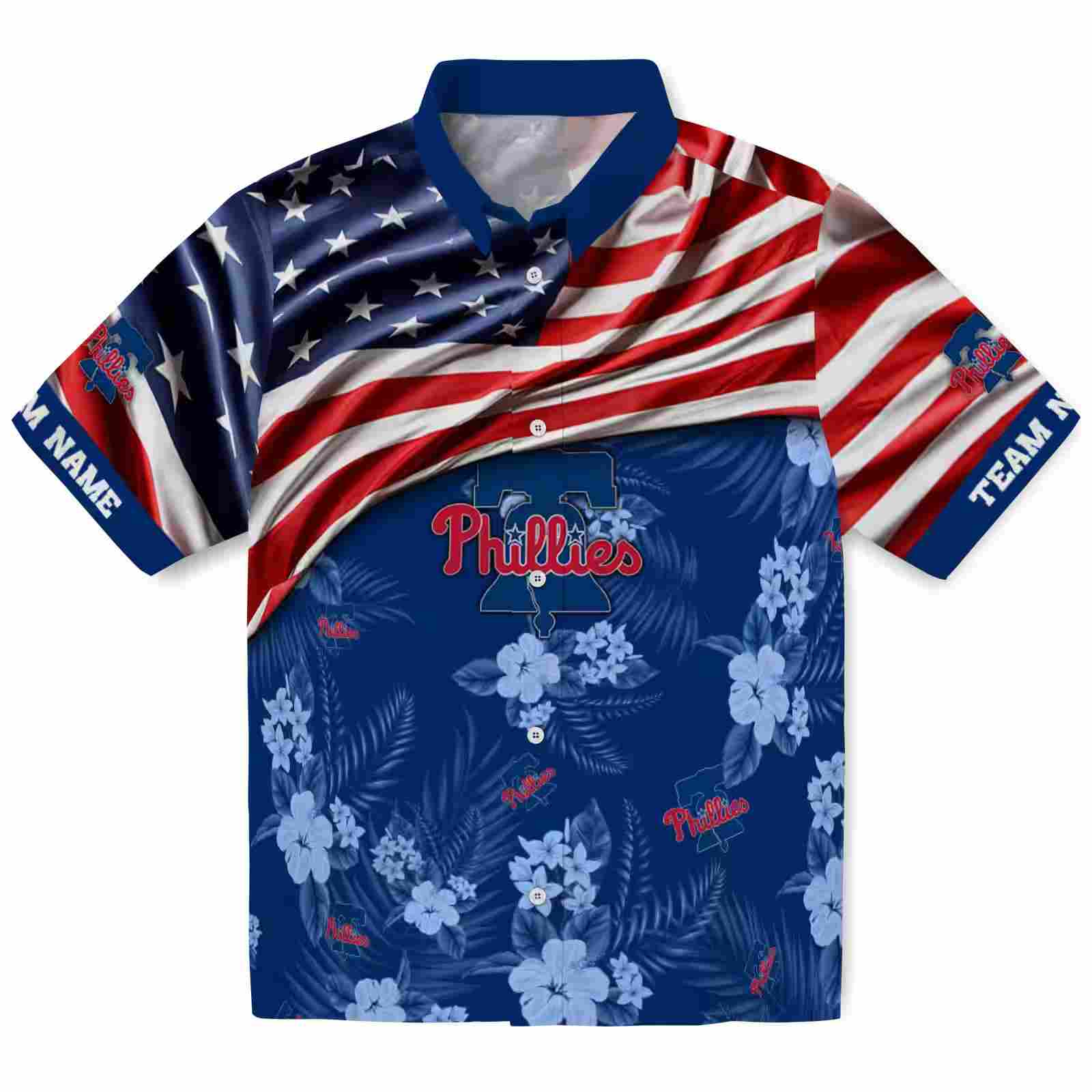 Personalized Philadelphia Phillies US Flag Hibiscus Blue Hawaiian Shirt