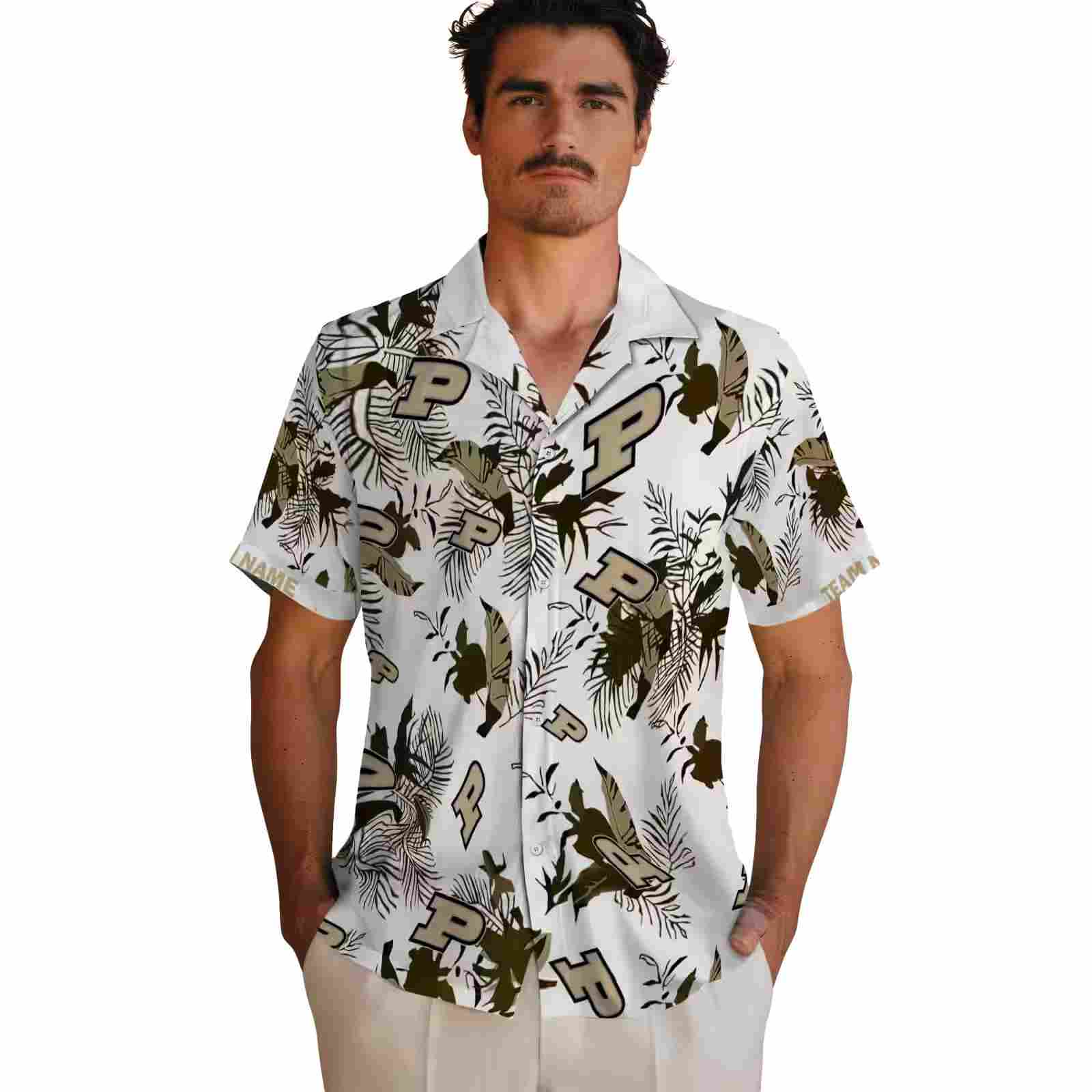 personalized purdue boilermakers botanical theme gold white hawaiian shirt fashion forward