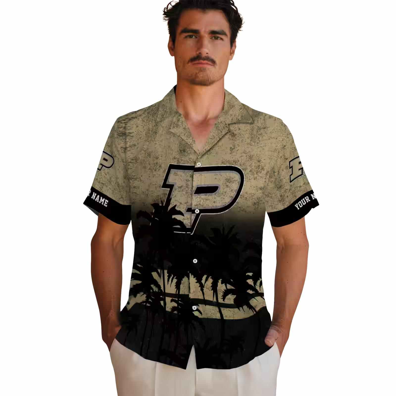 personalized purdue boilermakers sunset pattern gold black hawaiian shirt fashion forward