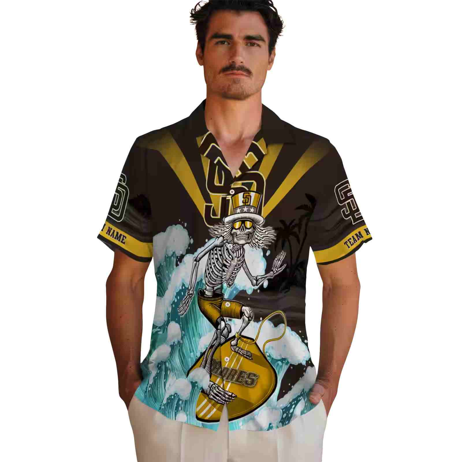 personalized san diego padres surfing skeleton brown blue hawaiian shirt fashion forward