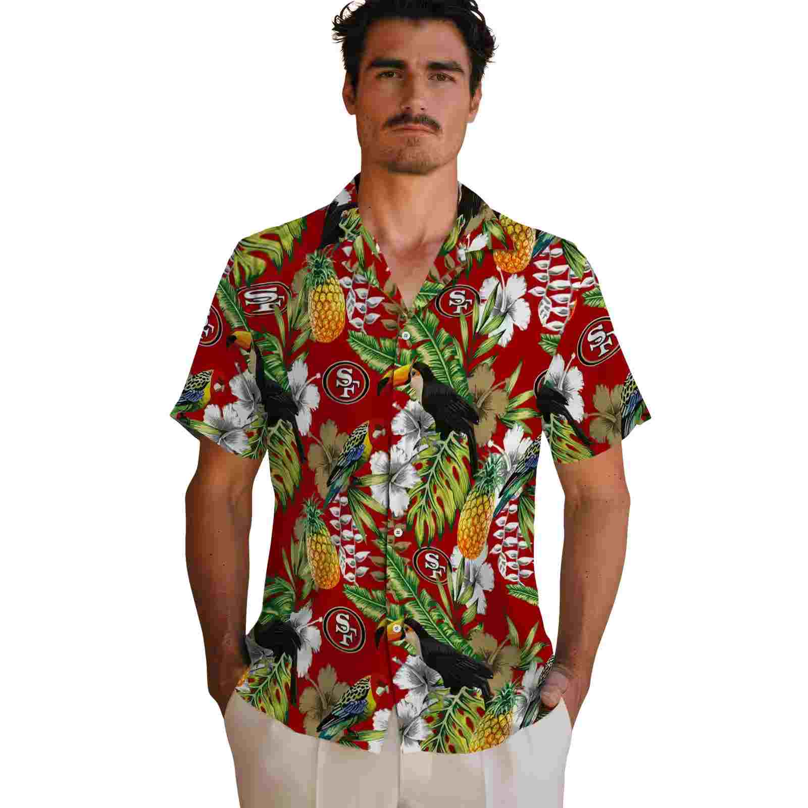 personalized san francisco 49ers tropical toucan red green hawaiian shirt fashion forward