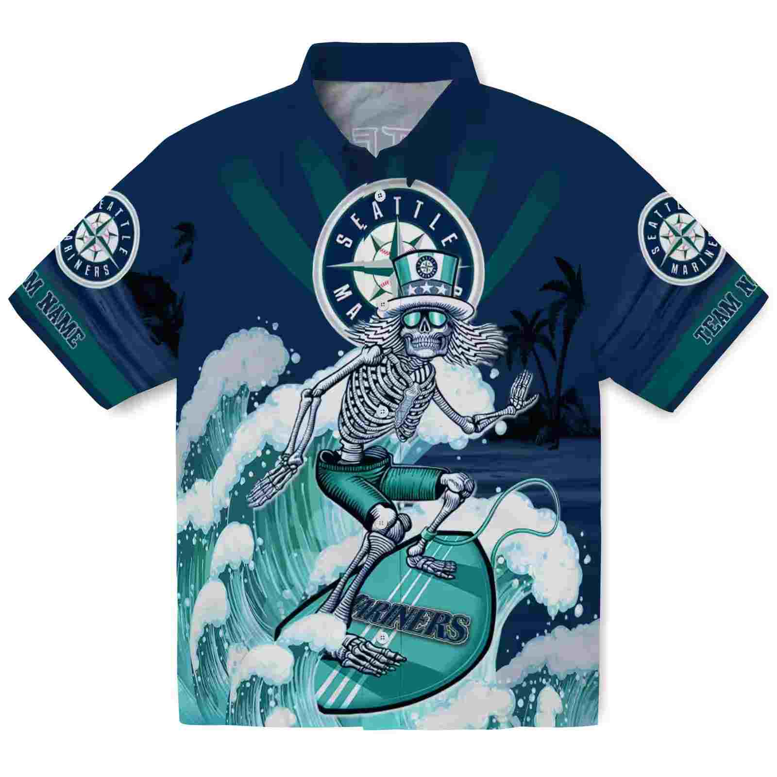 Personalized Seattle Mariners Surfing Skeleton Navy Blue Hawaiian Shirt