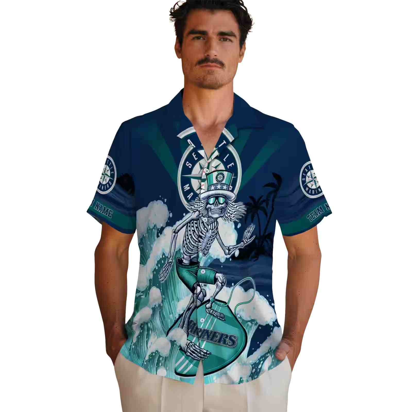 personalized seattle mariners surfing skeleton navy blue hawaiian shirt fashion forward