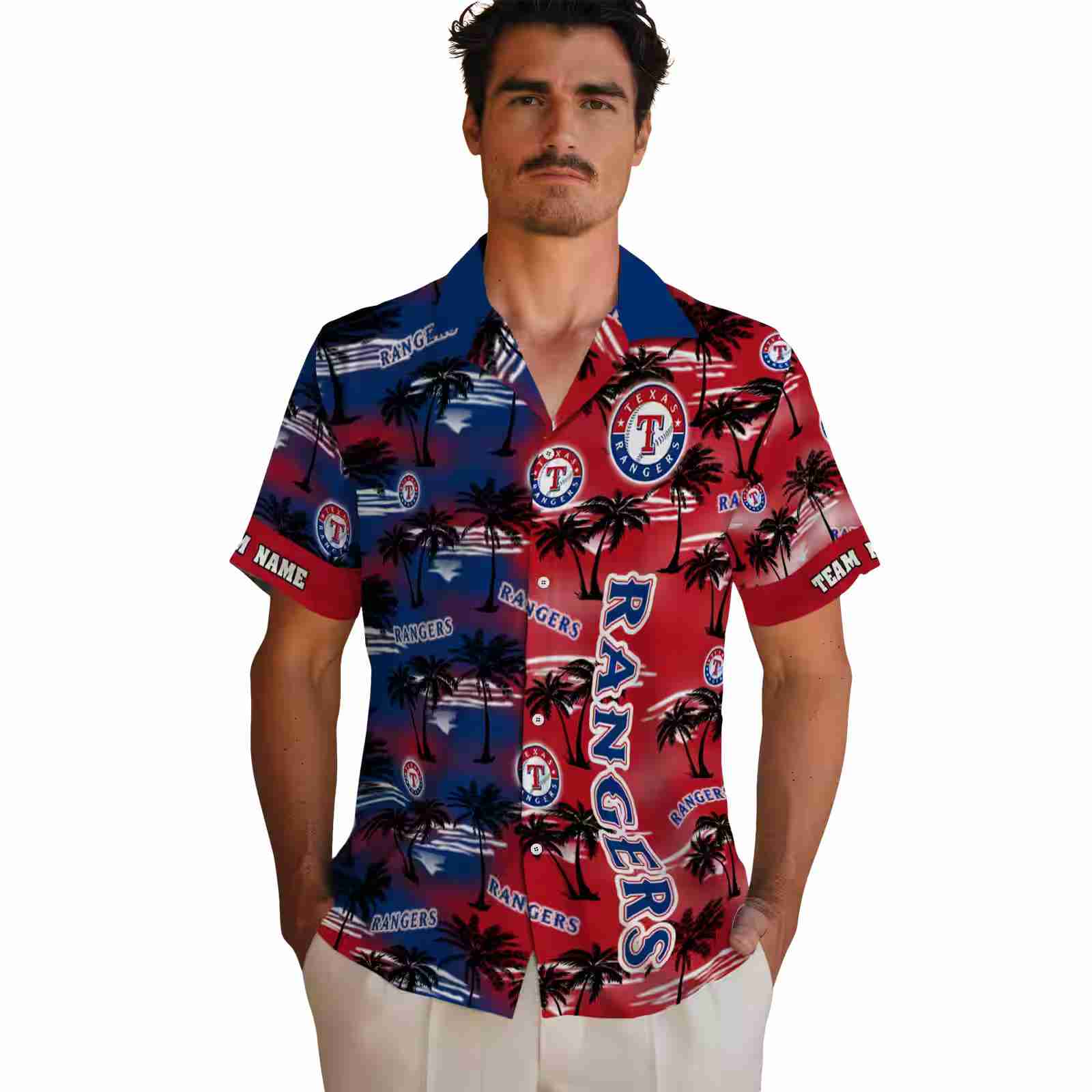 personalized texas rangers palm silhouettes blue hawaiian shirt fashion forward