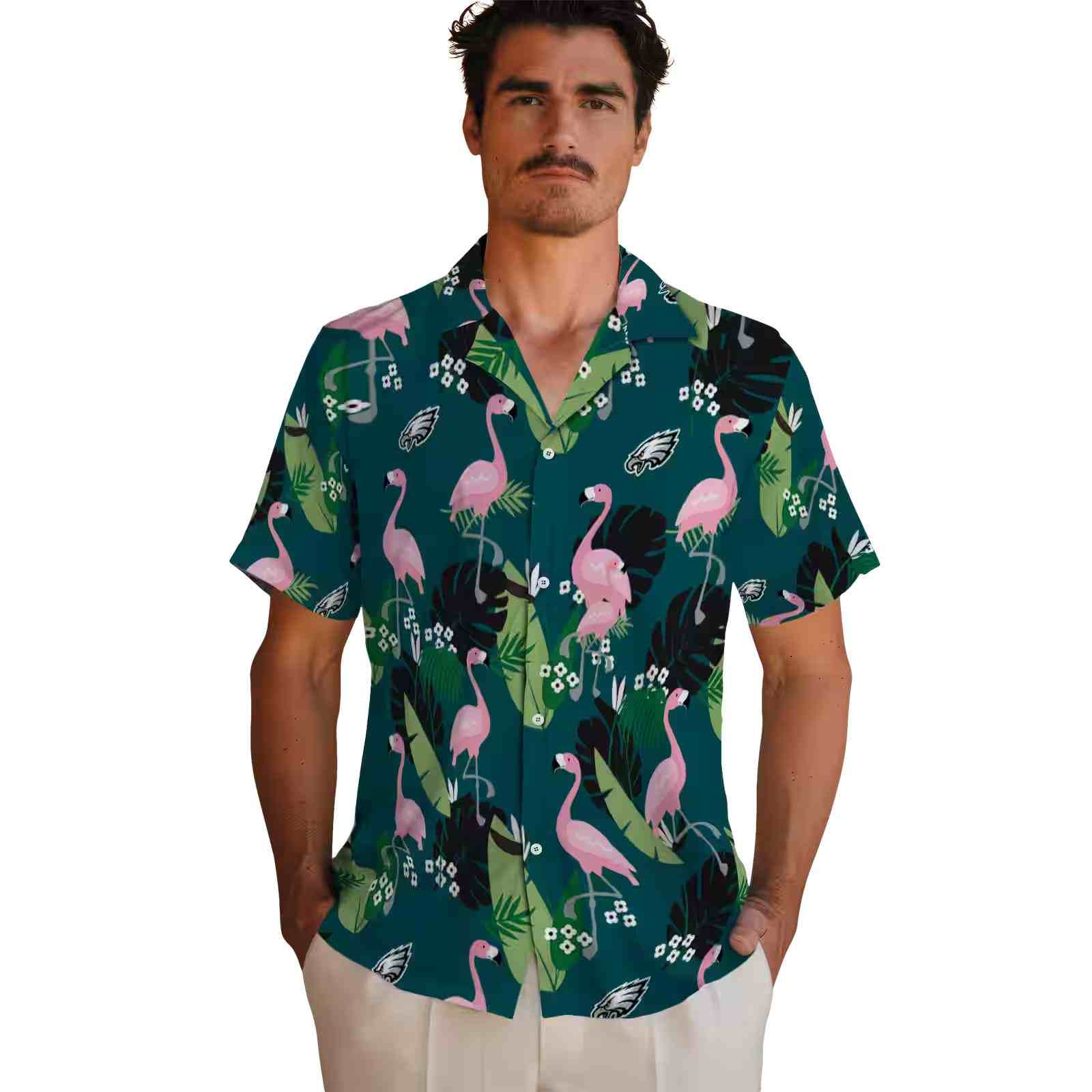 philadelphia eagles flamingo leaf motif green hawaiian shirt fashion forward