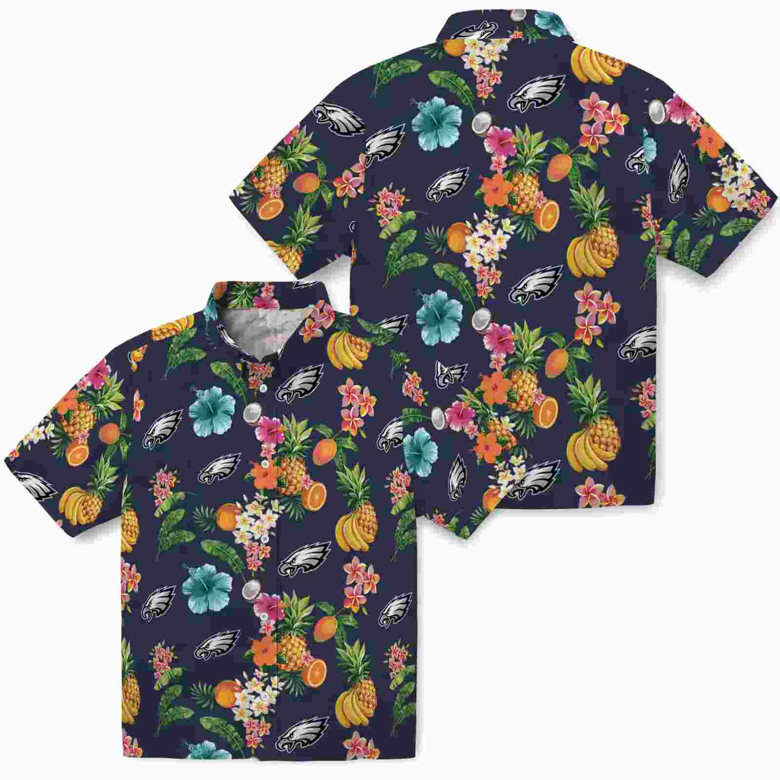 philadelphia eagles hibiscus and fruit navy blue hawaiian shirt high quality