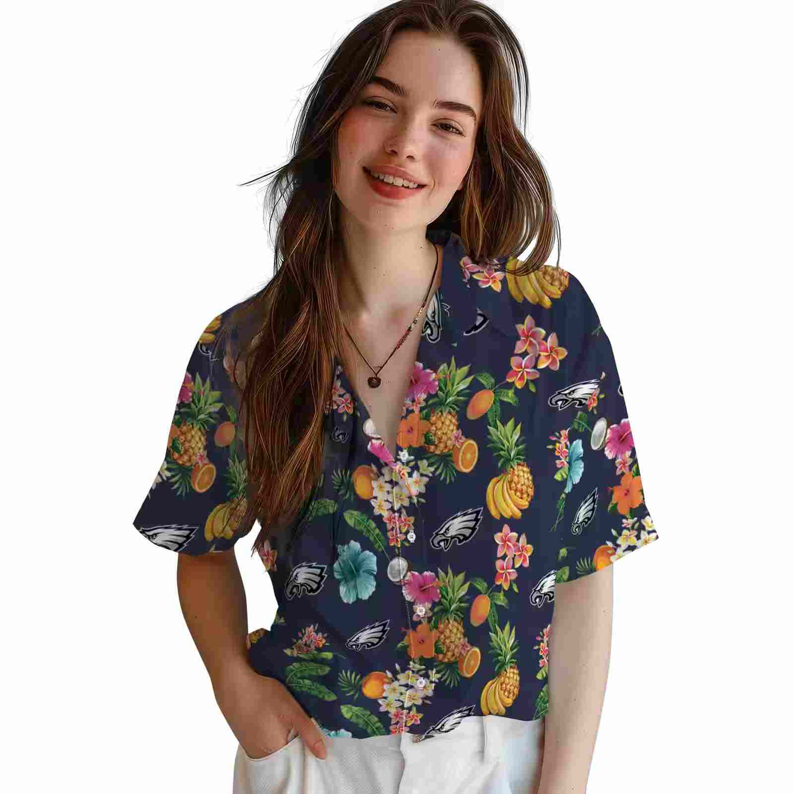 philadelphia eagles hibiscus and fruit navy blue hawaiian shirt latest model