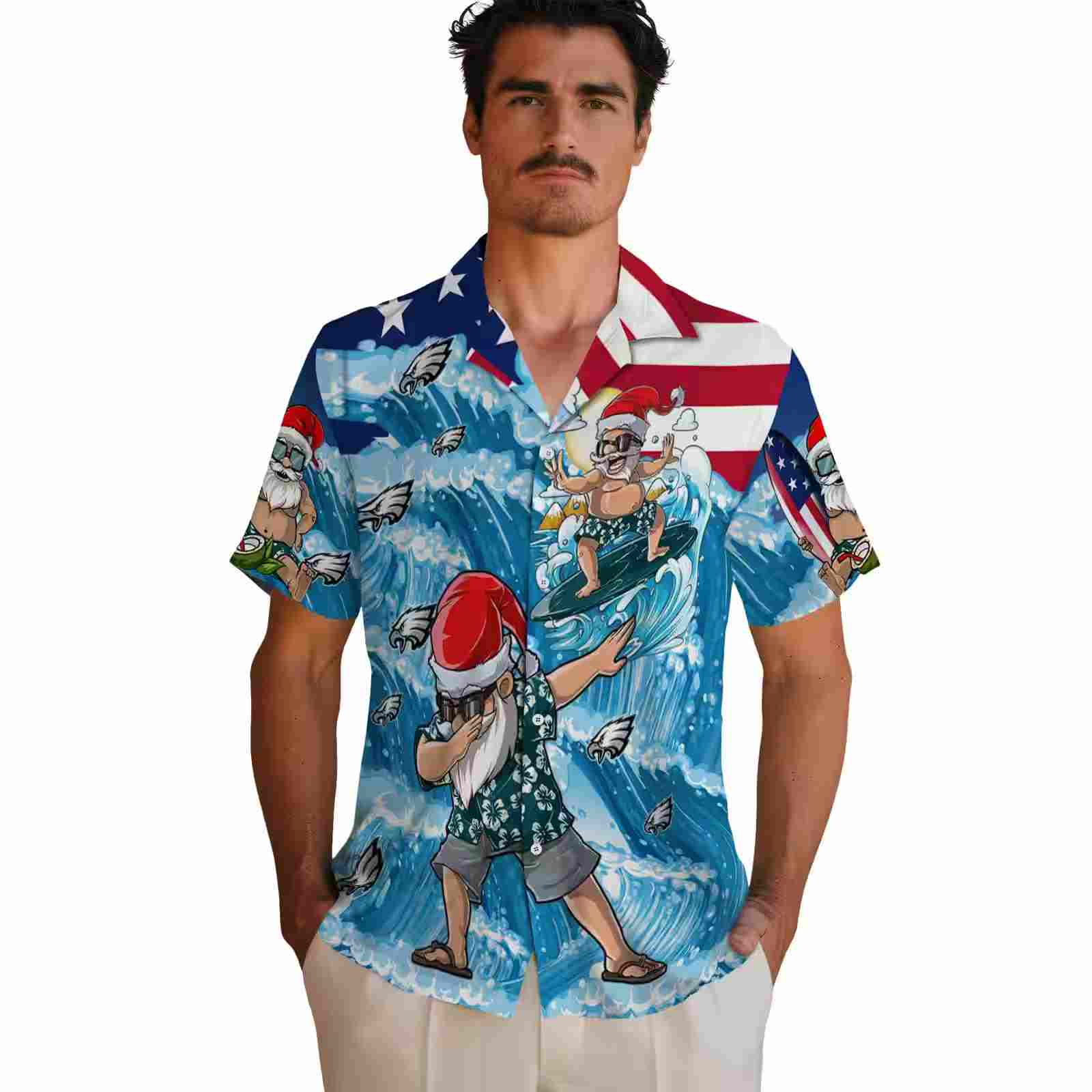 philadelphia eagles surfing santa blue hawaiian shirt fashion forward