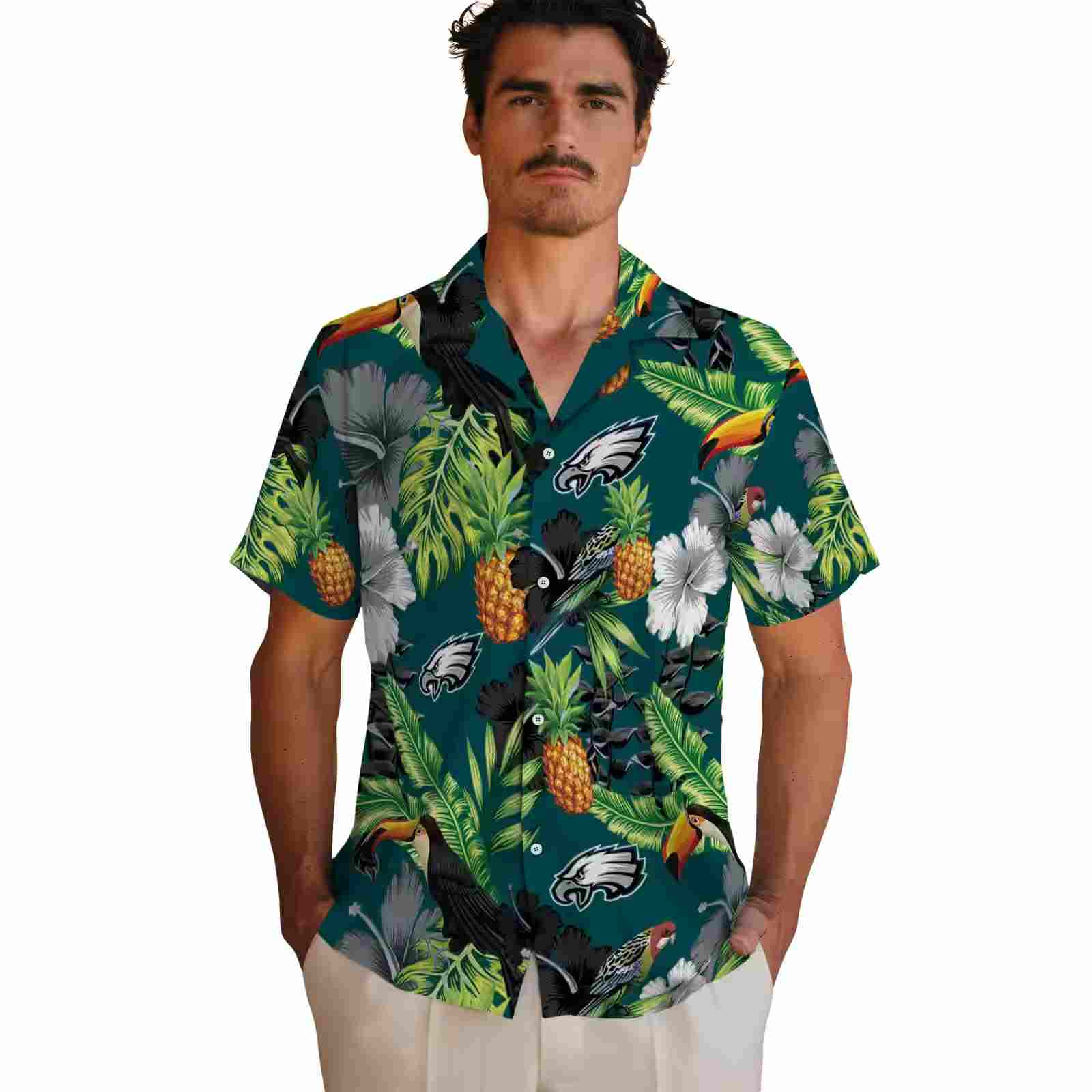 philadelphia eagles toucan hibiscus pineapple green hawaiian shirt fashion forward