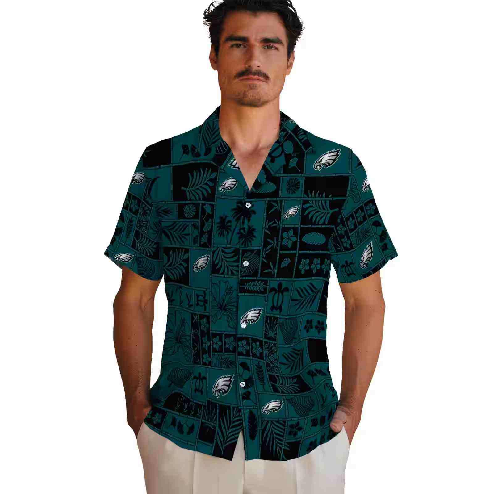 philadelphia eagles tropical patchwork green black hawaiian shirt fashion forward