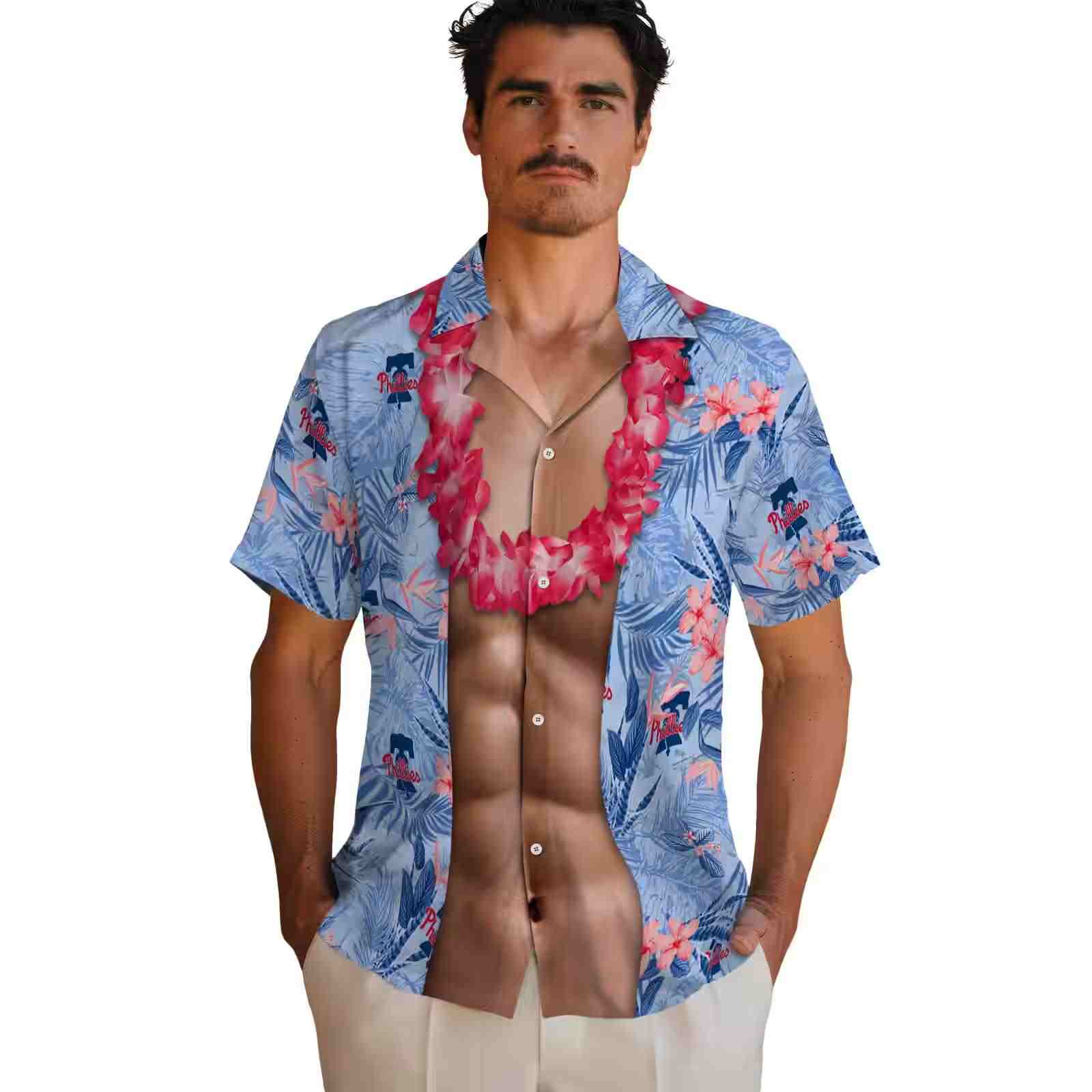 philadelphia phillies chest illusion blue hawaiian shirt fashion forward