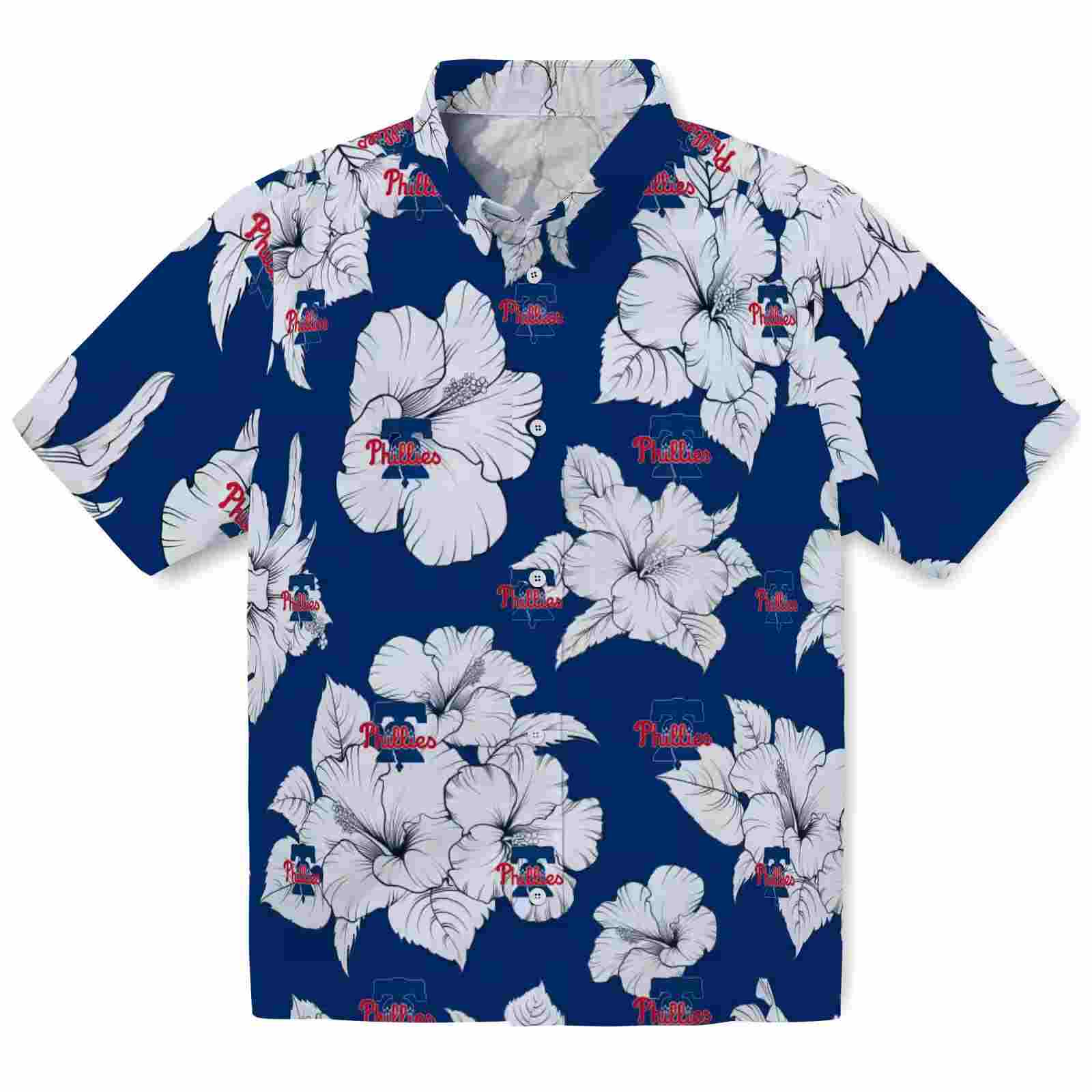 philadelphia phillies hibiscus blooms blue white hawaiian shirt best selling