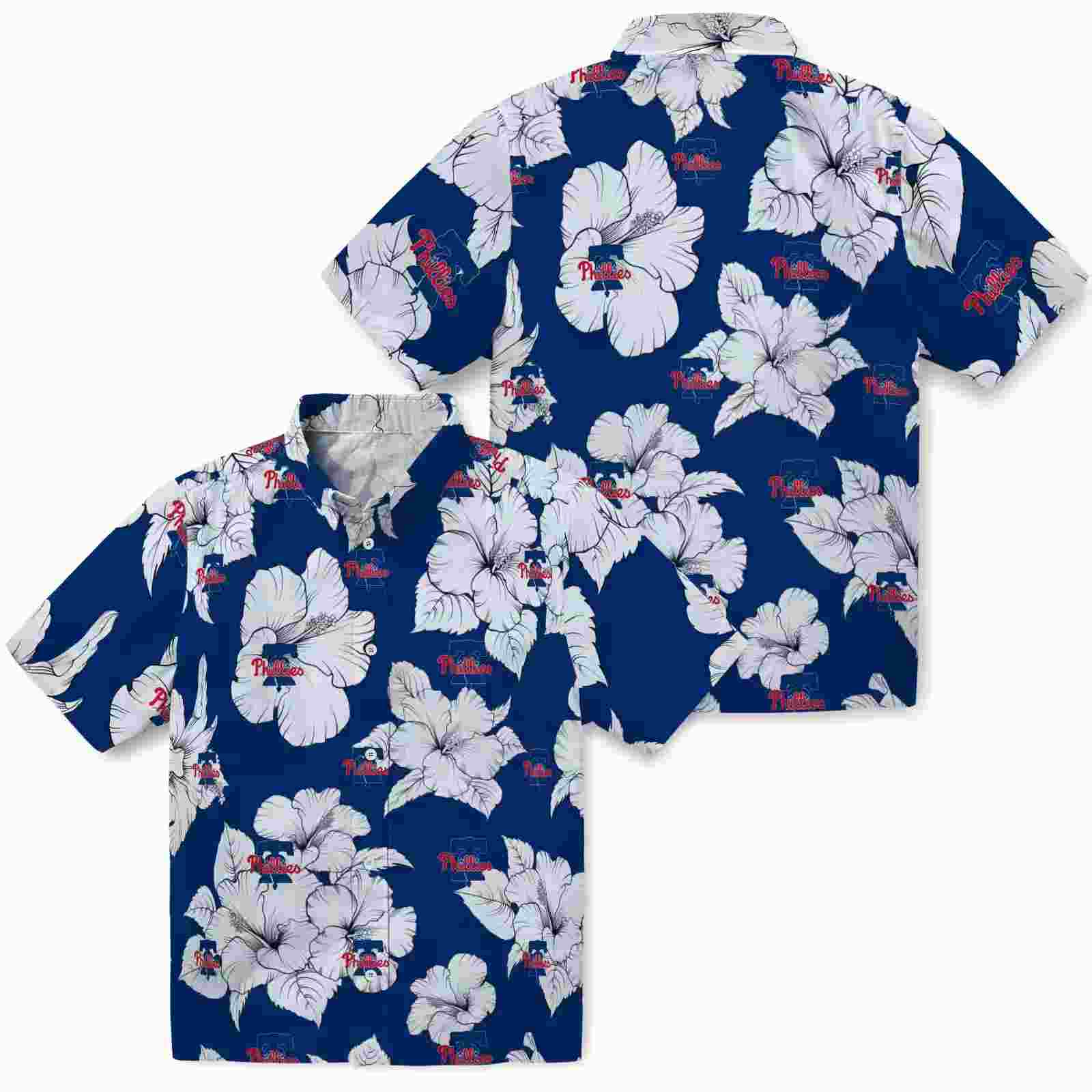 philadelphia phillies hibiscus blooms blue white hawaiian shirt high quality