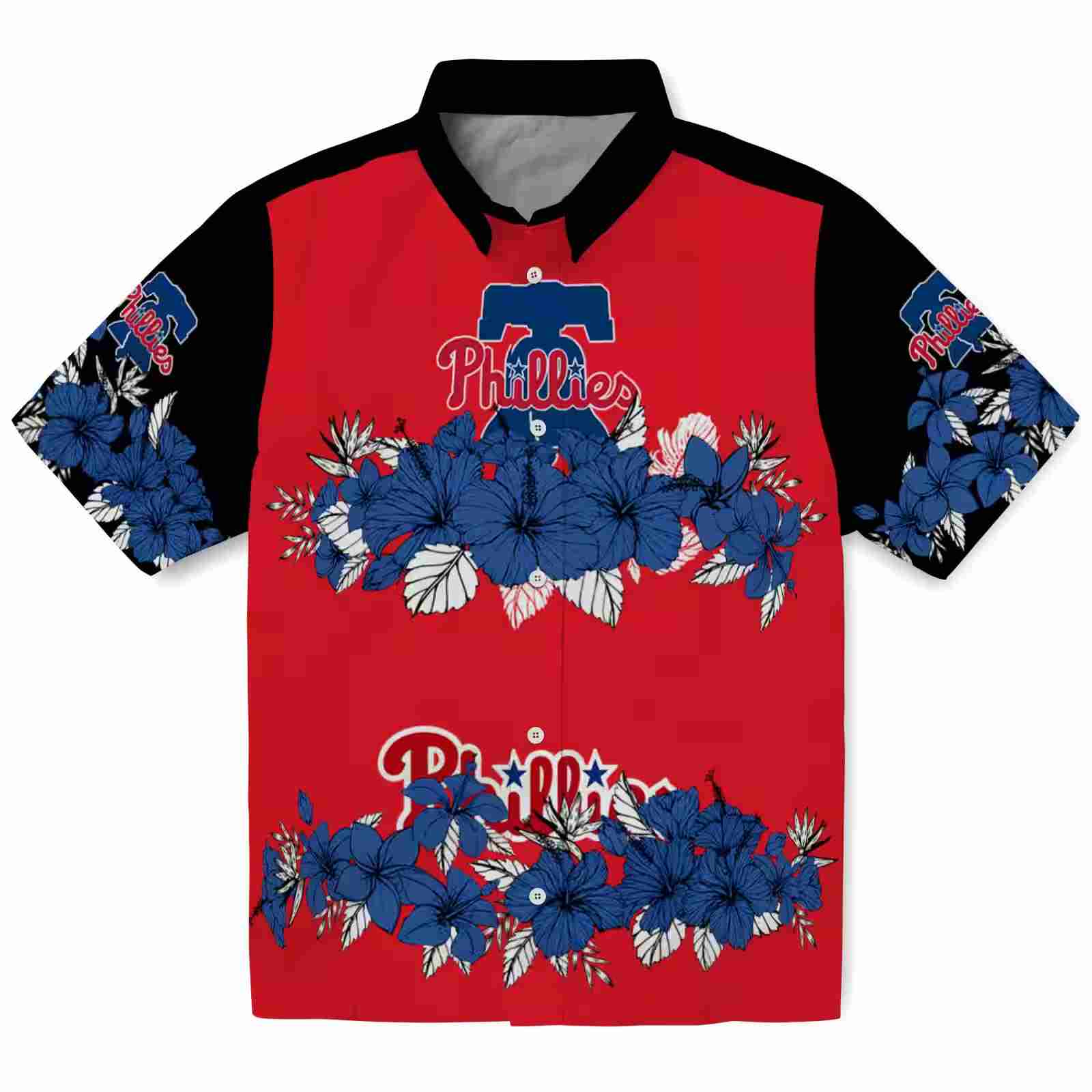 Philadelphia Phillies Hibiscus Stripe Blue Black Hawaiian Shirt