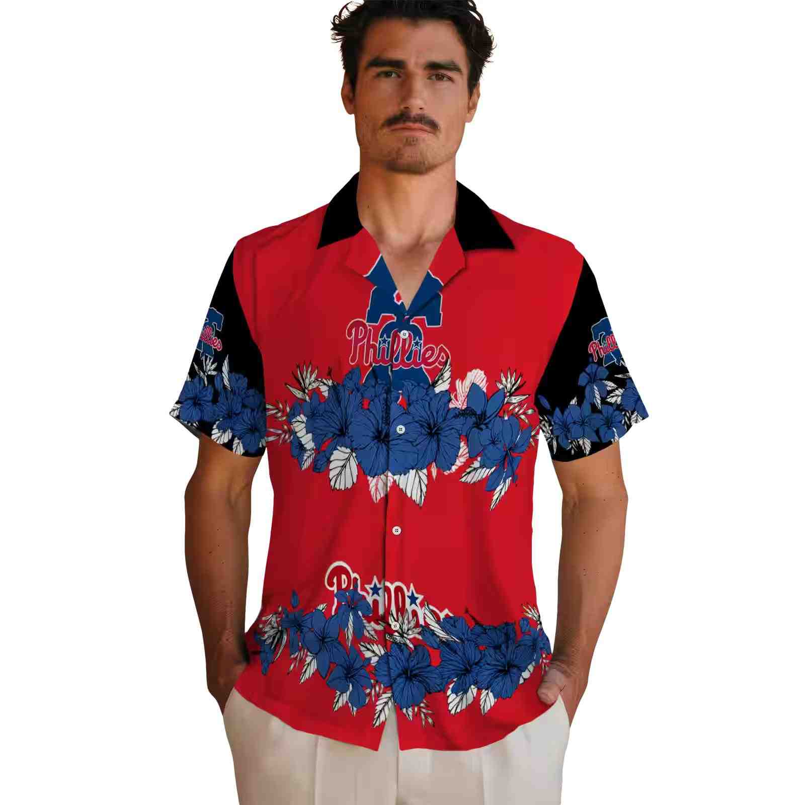 philadelphia phillies hibiscus stripe blue black hawaiian shirt fashion forward