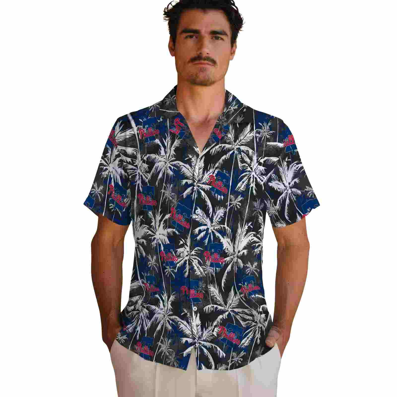 philadelphia phillies palm pattern blue black hawaiian shirt fashion forward