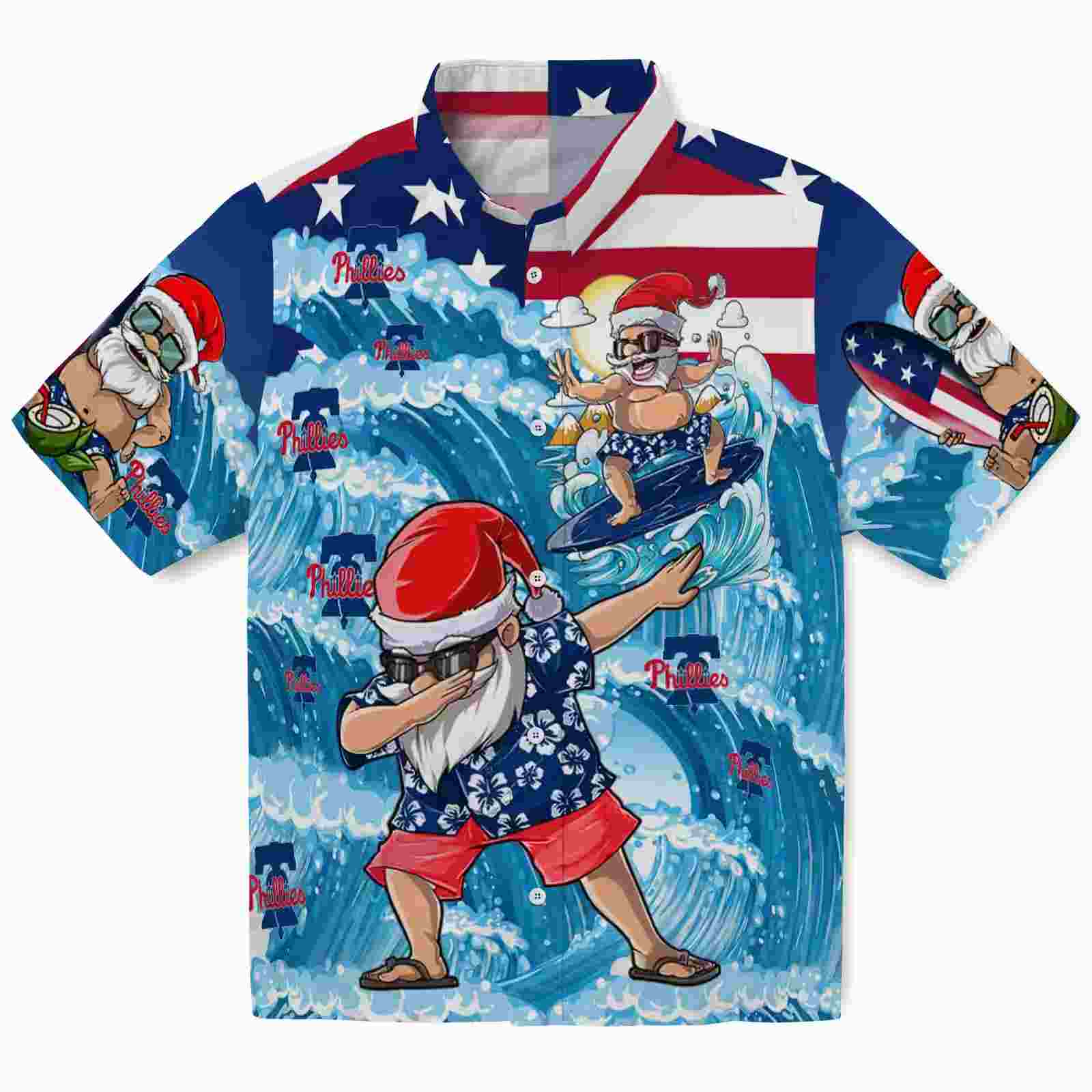 Philadelphia Phillies Surfing Santa Blue Hawaiian Shirt