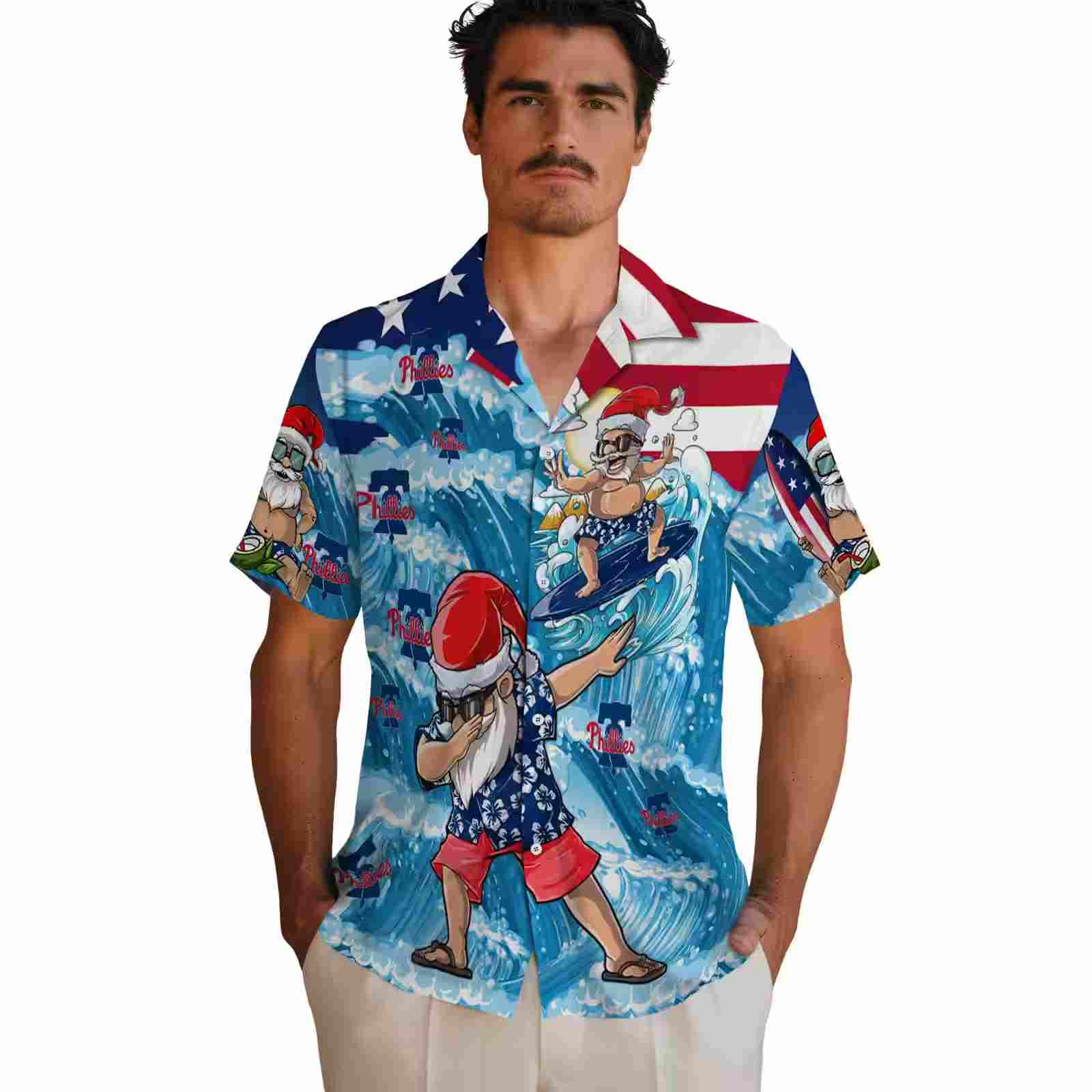 philadelphia phillies surfing santa blue hawaiian shirt fashion forward