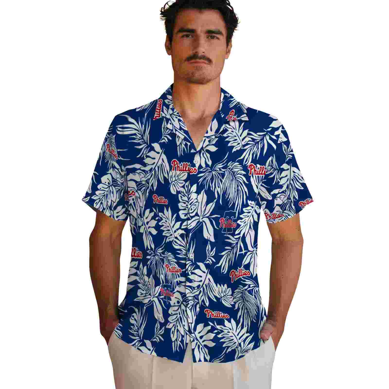 philadelphia phillies tropical leaf blue white hawaiian shirt fashion forward