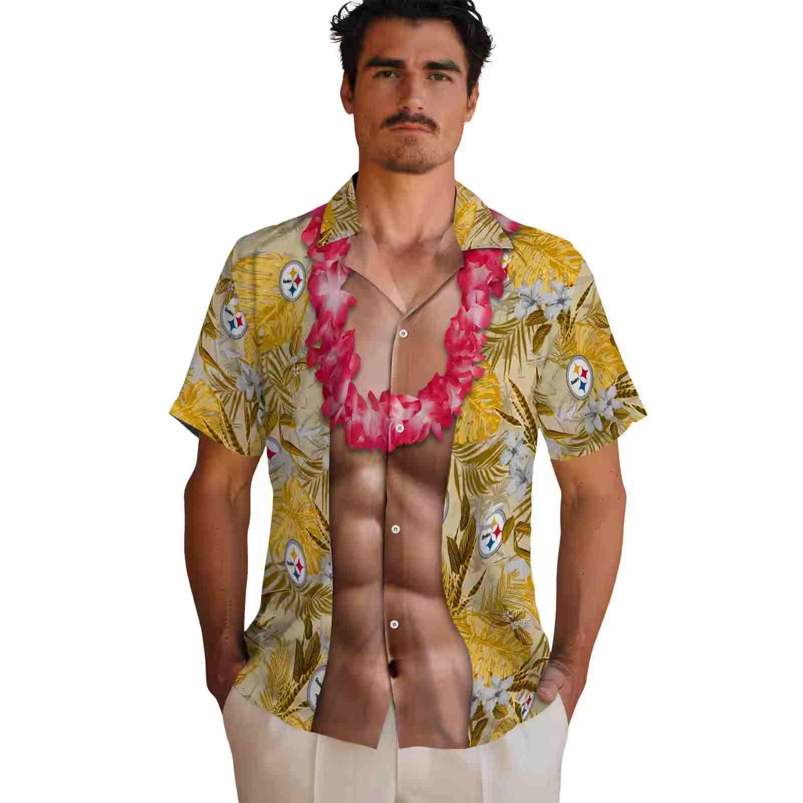 pittsburgh steelers chest illusion gold hawaiian shirt fashion forward