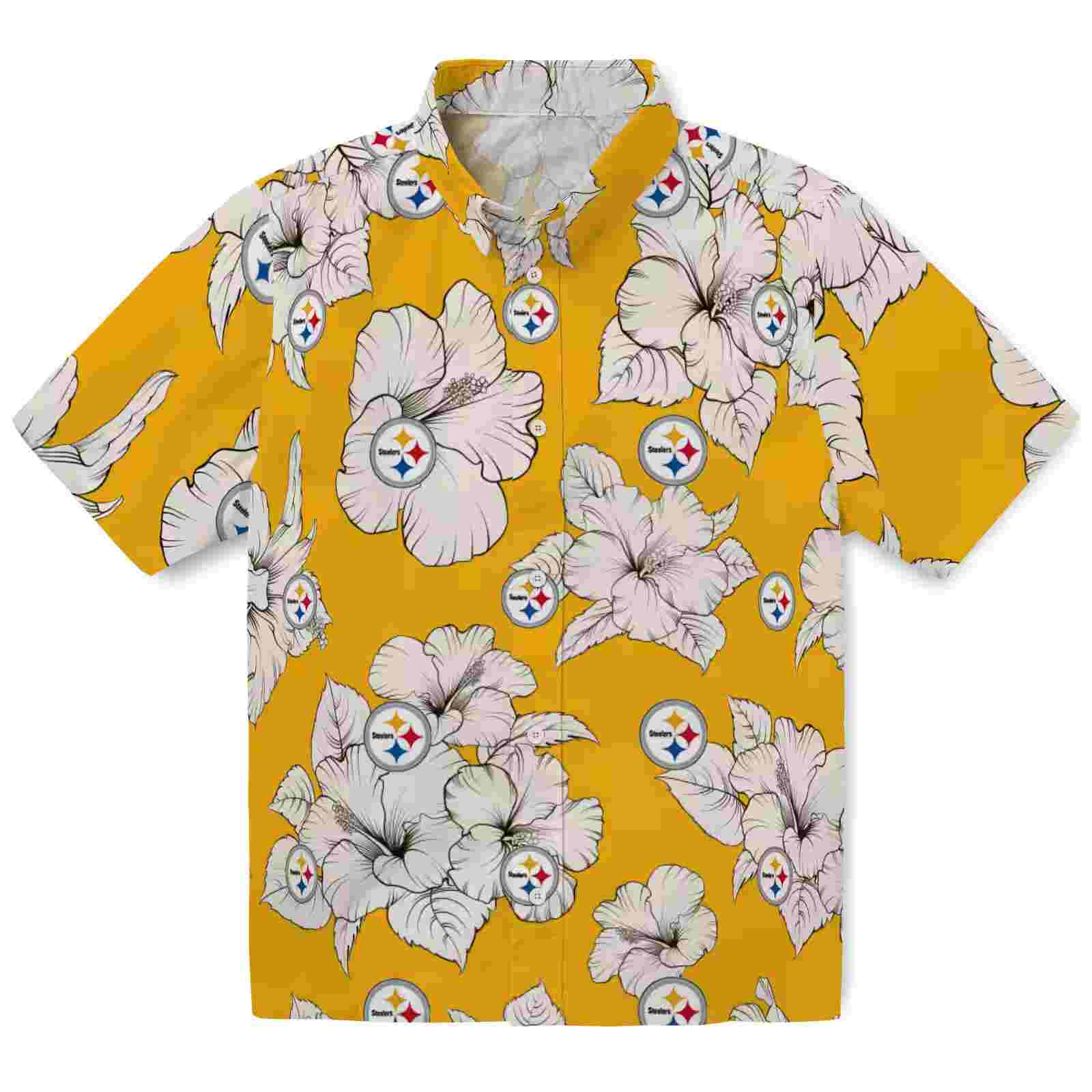 pittsburgh steelers hibiscus blooms gold white hawaiian shirt best selling