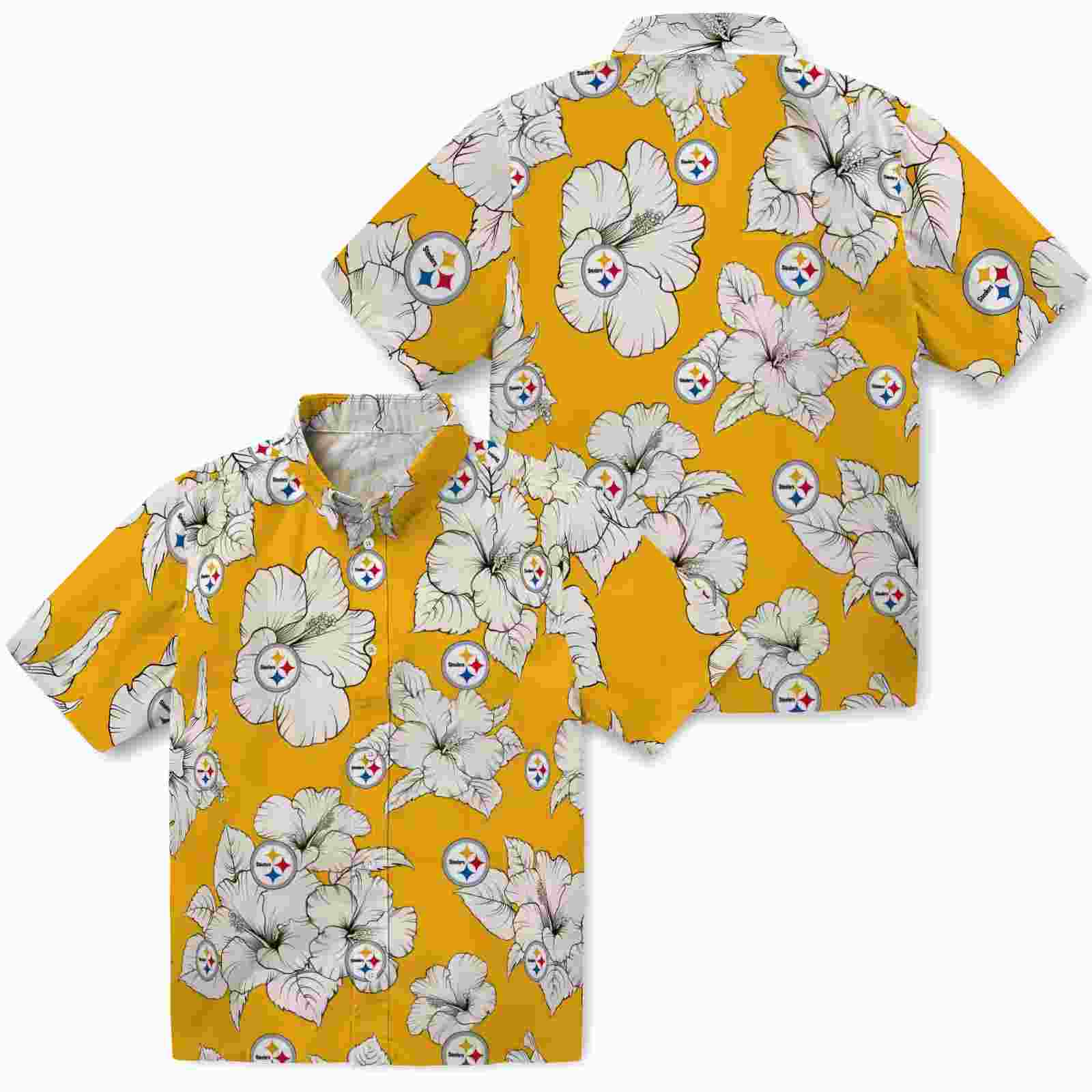 pittsburgh steelers hibiscus blooms gold white hawaiian shirt high quality