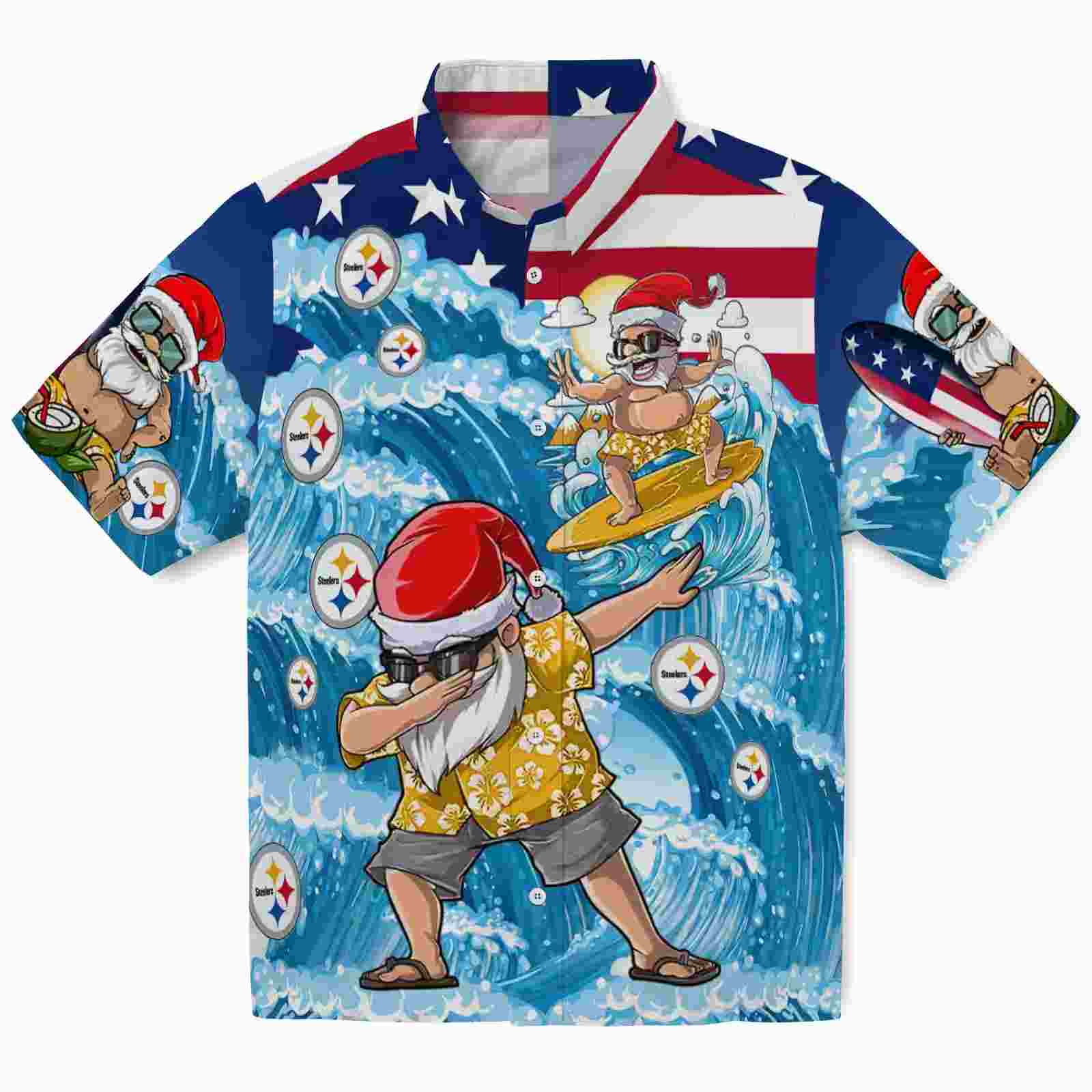 Pittsburgh Steelers Surfing Santa Blue Hawaiian Shirt