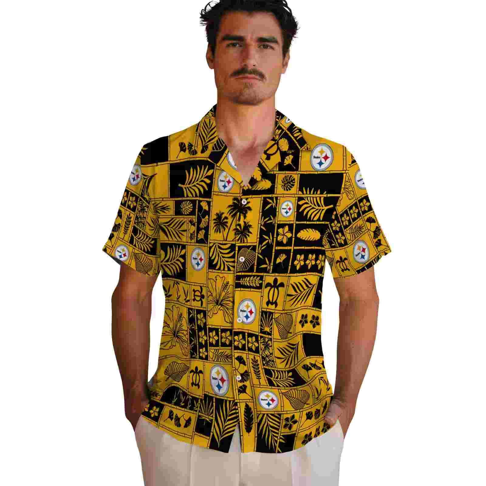 pittsburgh steelers tropical patchwork gold black hawaiian shirt fashion forward