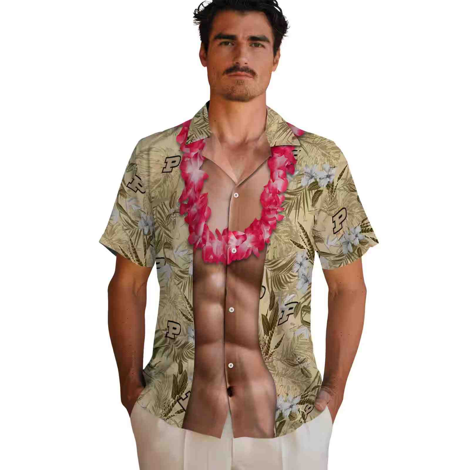 purdue boilermakers chest illusion gold hawaiian shirt fashion forward