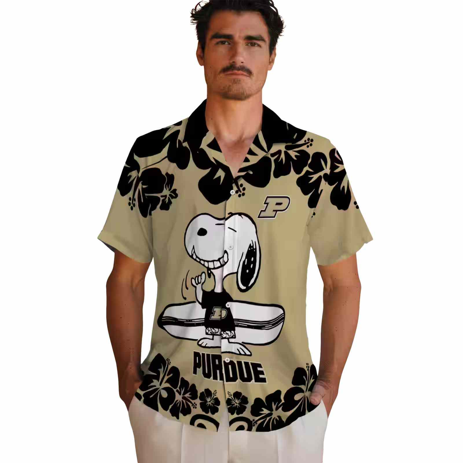 purdue boilermakers snoopy surf gold white hawaiian shirt fashion forward