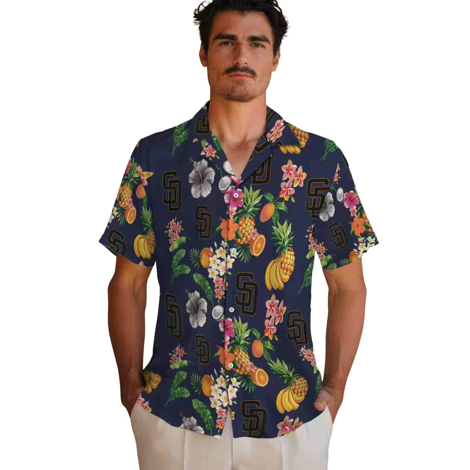 san diego padres hibiscus and fruit navy blue hawaiian shirt fashion forward