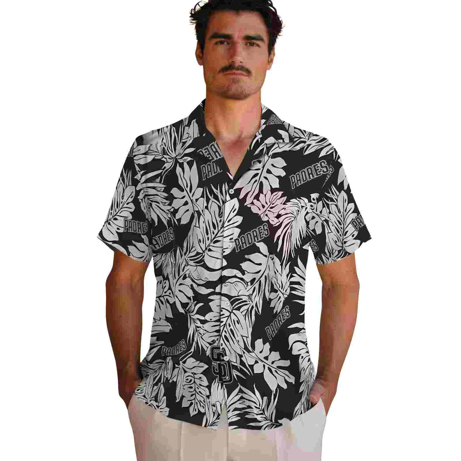 san diego padres monstera leaf pattern black hawaiian shirt fashion forward