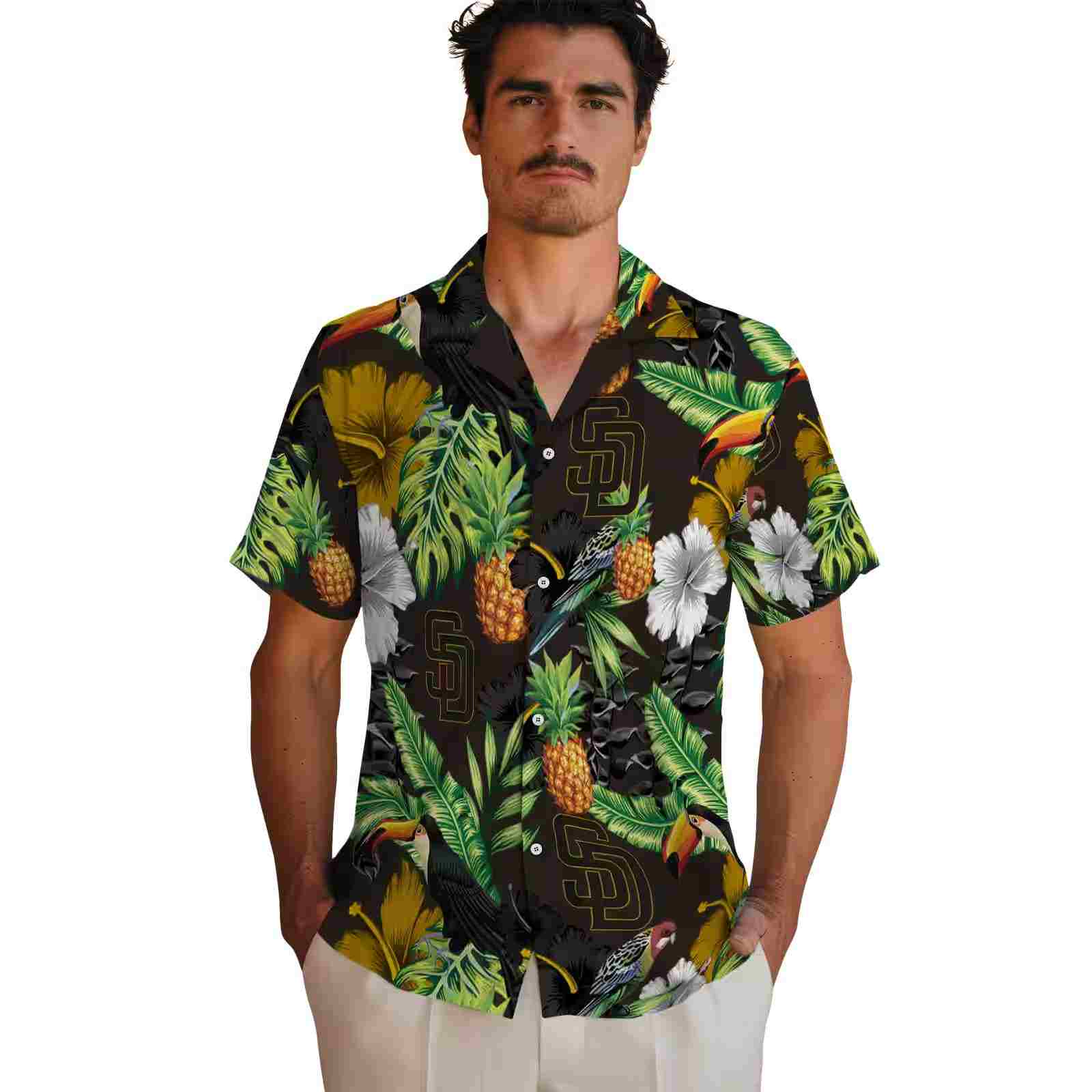 san diego padres toucan hibiscus pineapple brown green hawaiian shirt fashion forward