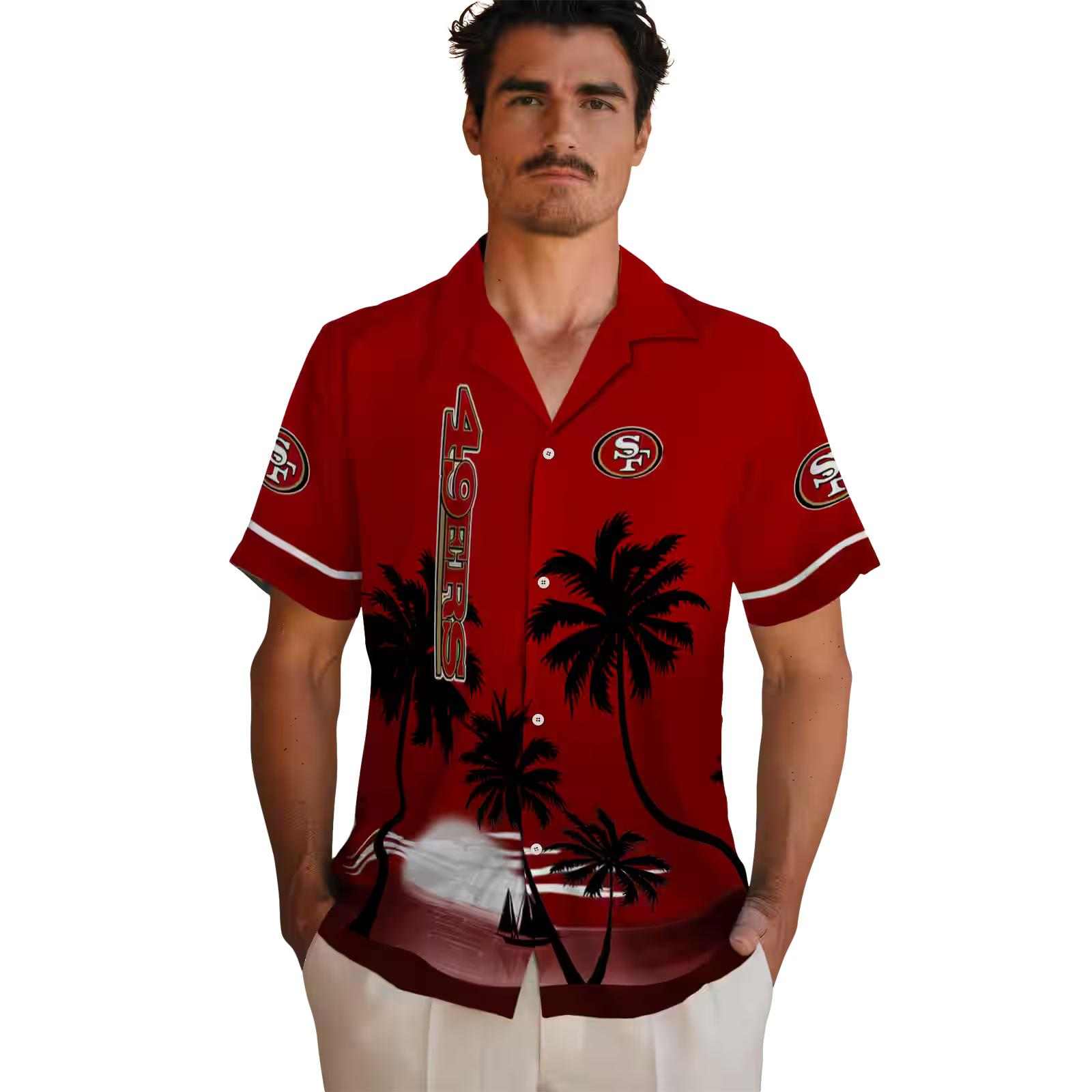 san francisco 49ers beach sunset red black hawaiian shirt fashion forward