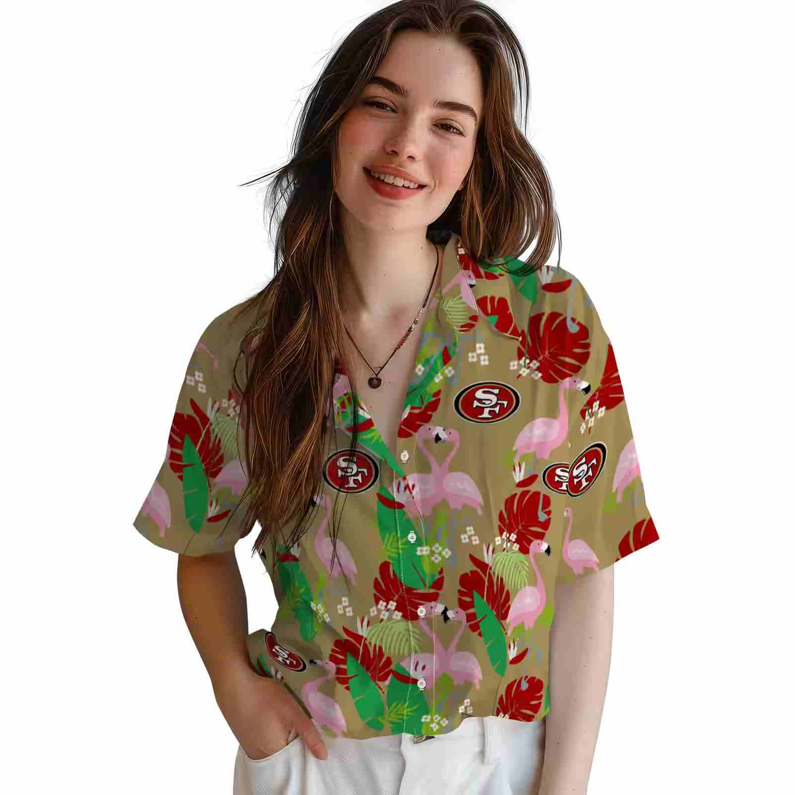 san francisco 49ers flamingo foliage red green hawaiian shirt latest model