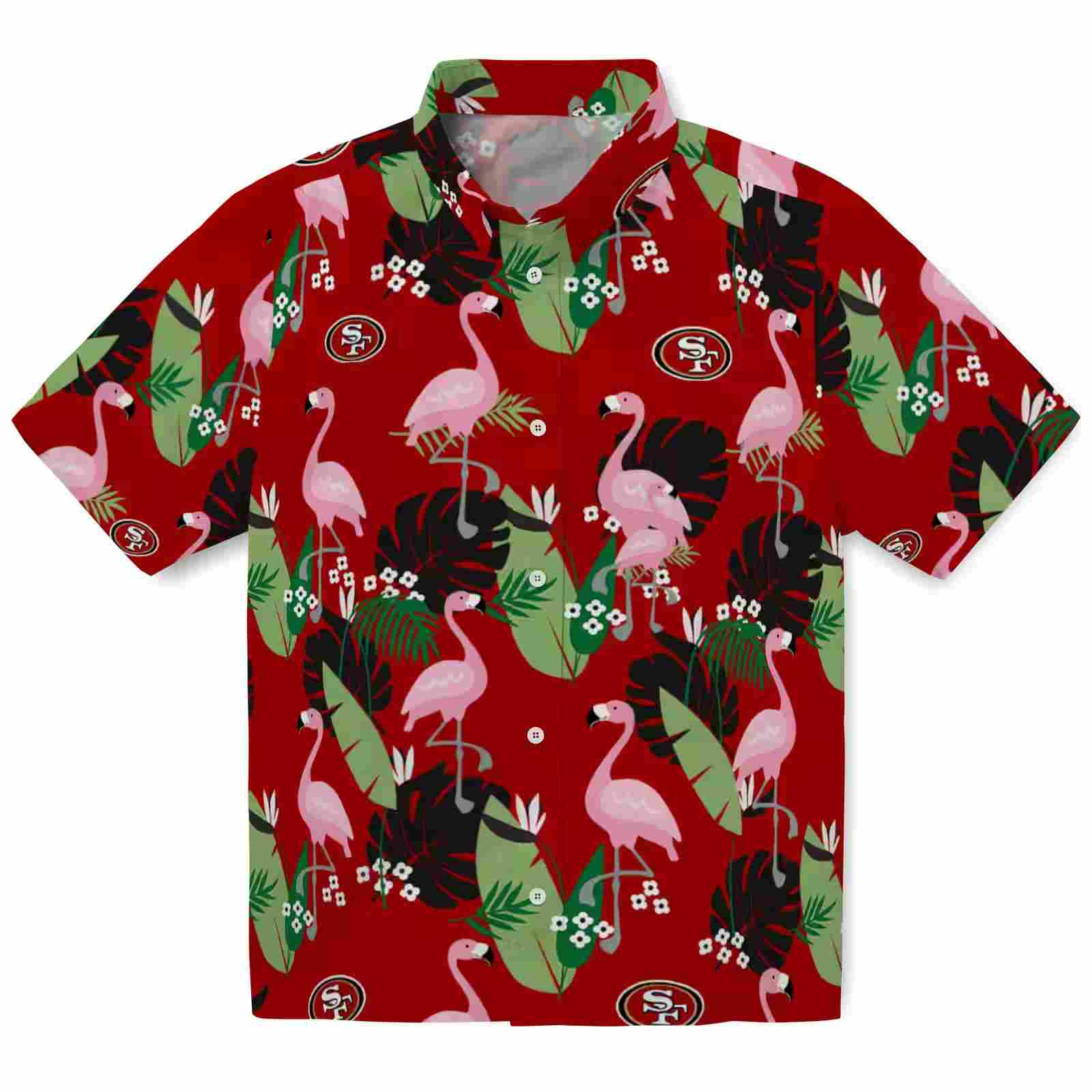 san francisco 49ers flamingo leaf motif red hawaiian shirt best selling