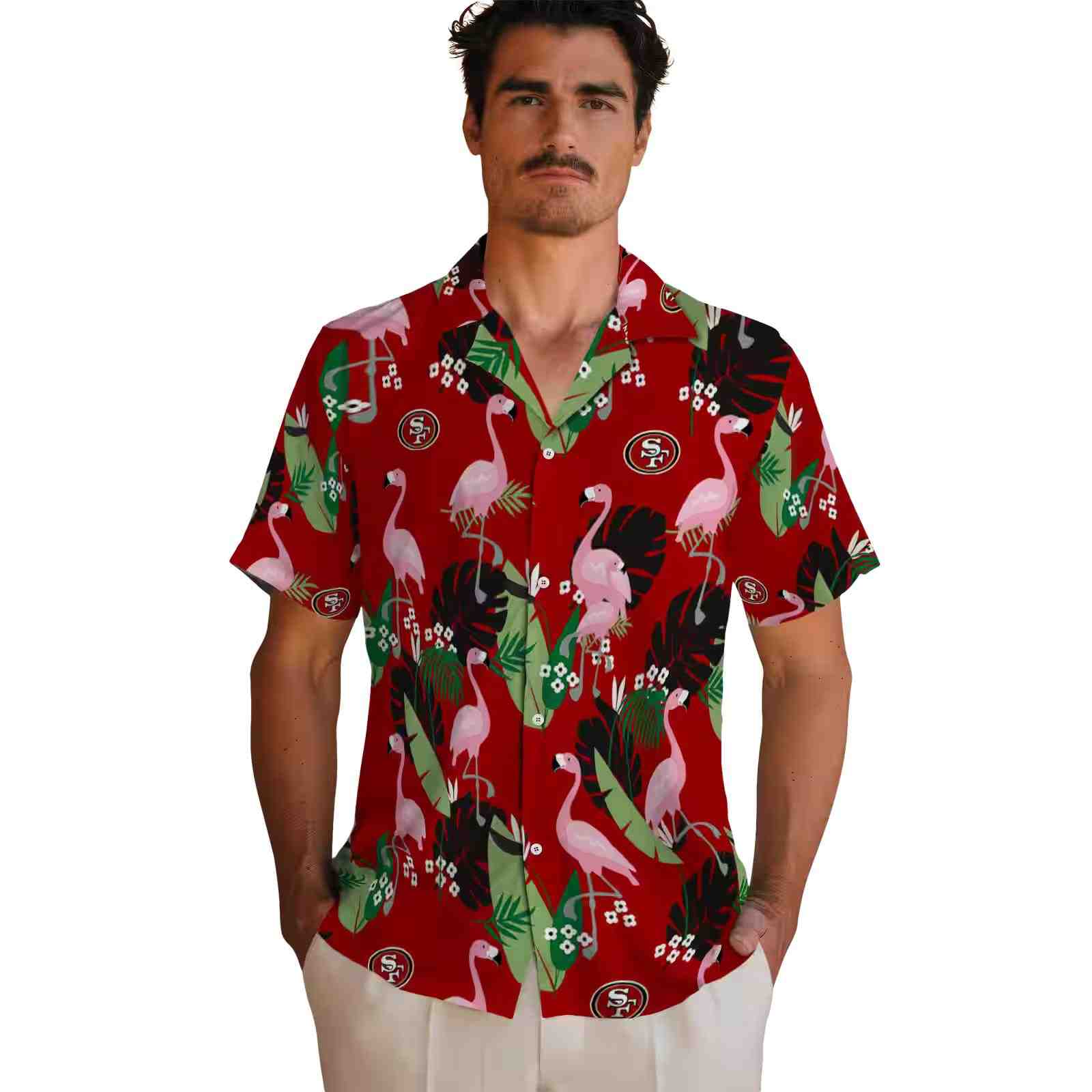 san francisco 49ers flamingo leaf motif red hawaiian shirt fashion forward