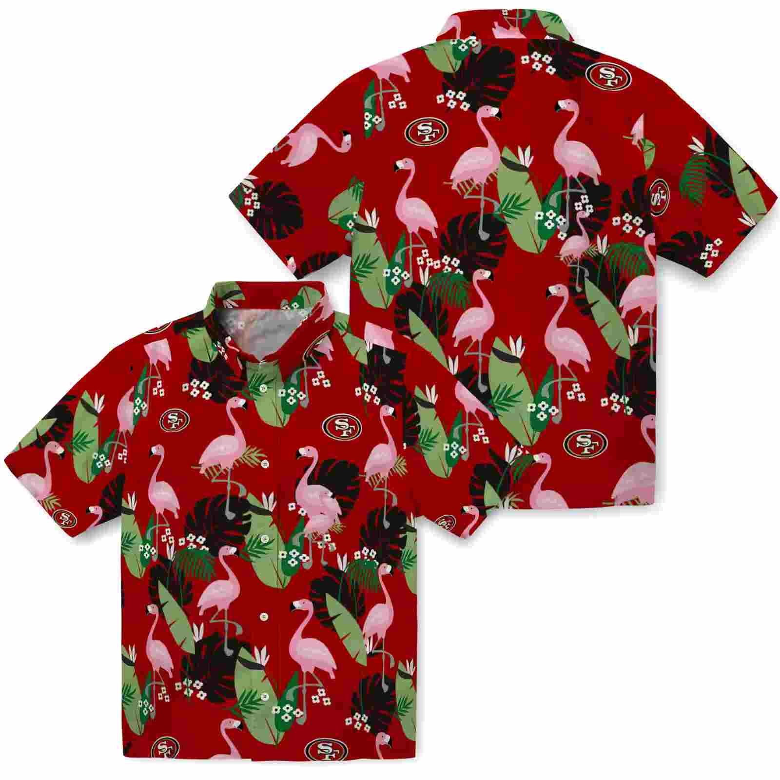 san francisco 49ers flamingo leaf motif red hawaiian shirt high quality