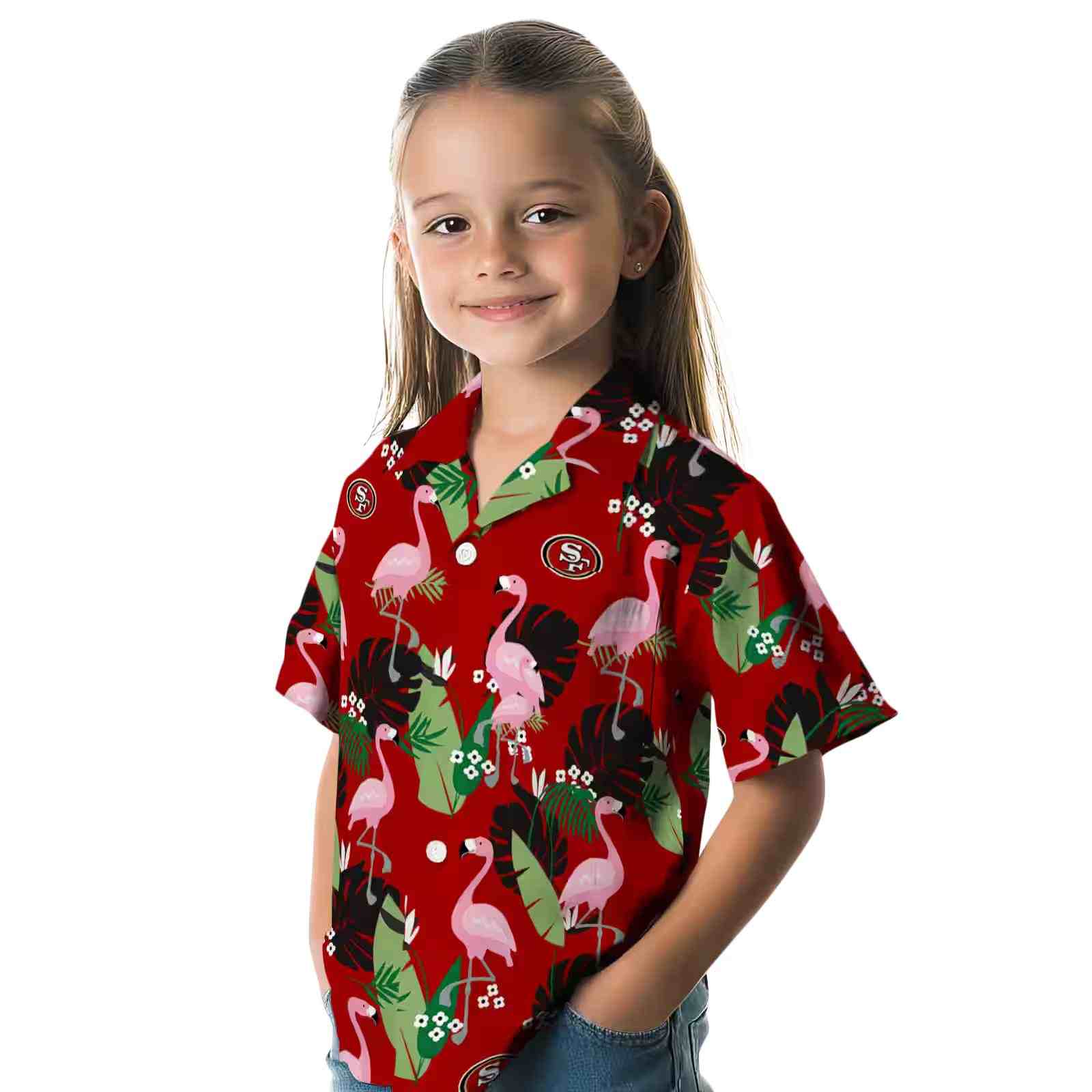 san francisco 49ers flamingo leaf motif red hawaiian shirt premium grade