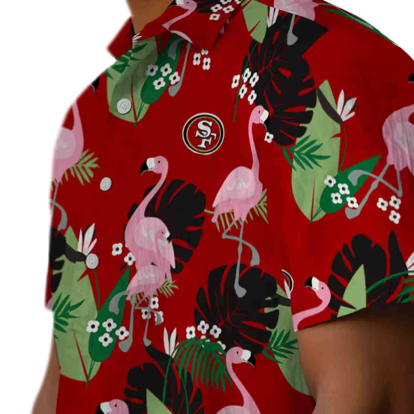 san francisco 49ers flamingo leaf motif red hawaiian shirt trendy