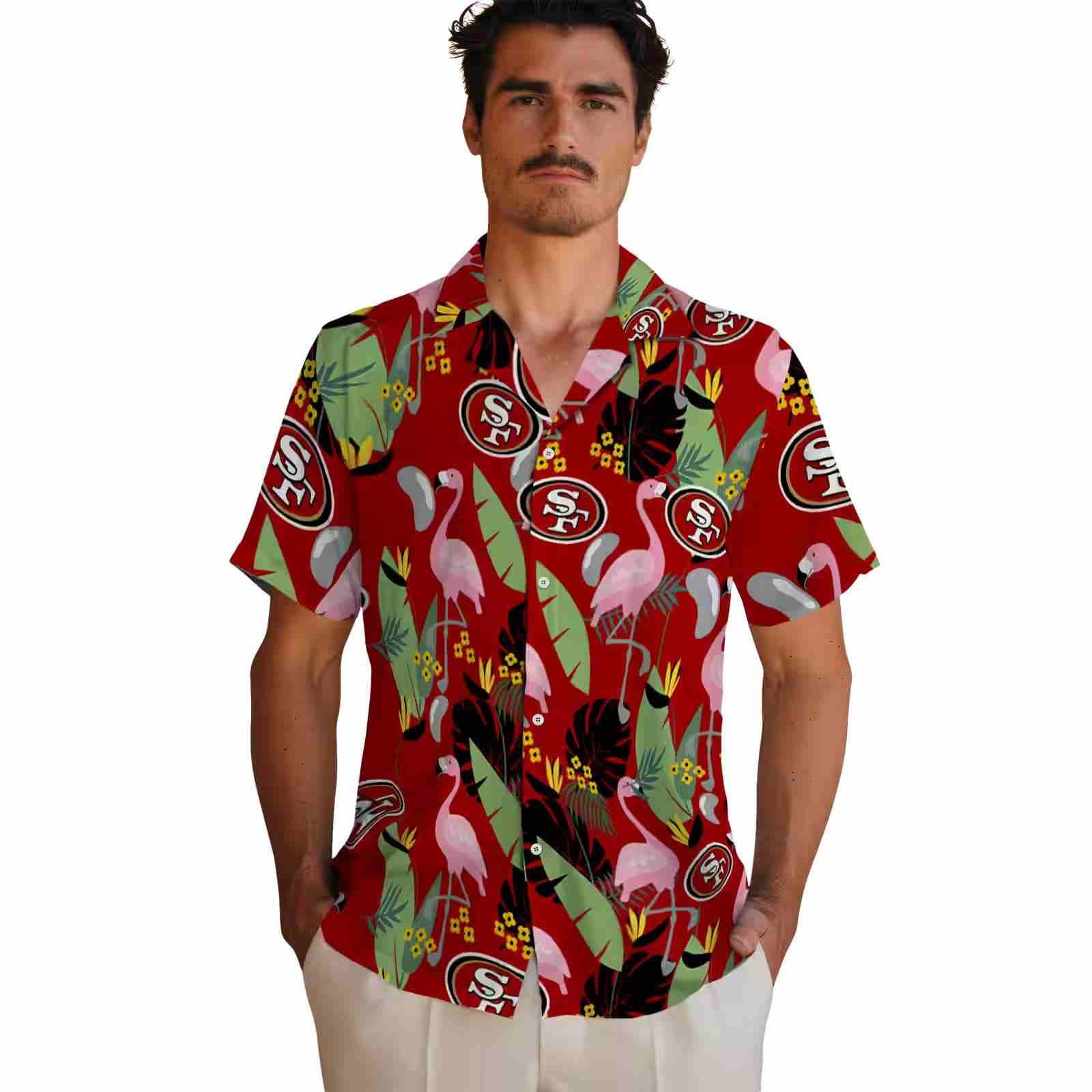 san francisco 49ers flamingo leaves red hawaiian shirt fashion forward