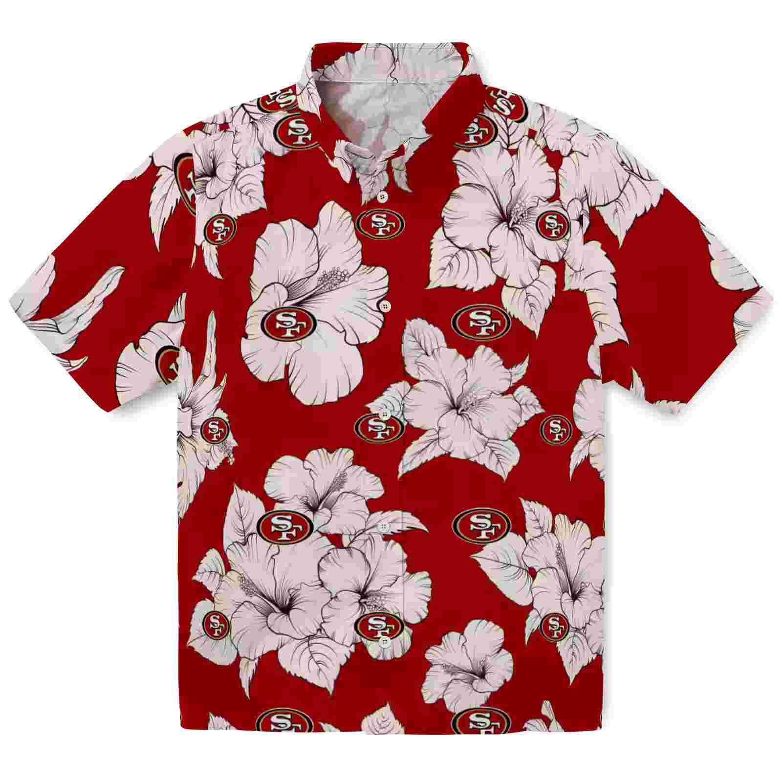 san francisco 49ers hibiscus blooms red white hawaiian shirt best selling