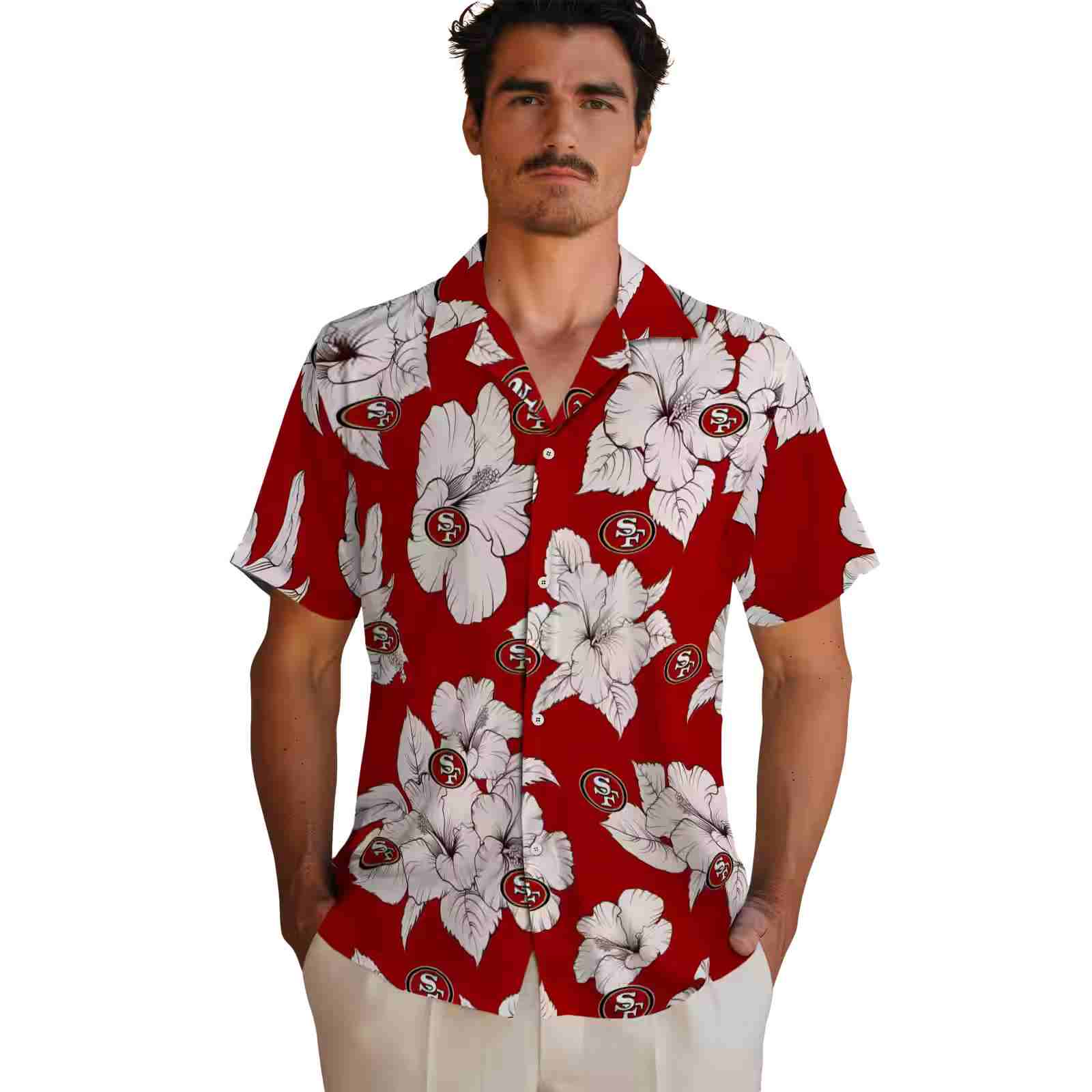 san francisco 49ers hibiscus blooms red white hawaiian shirt fashion forward