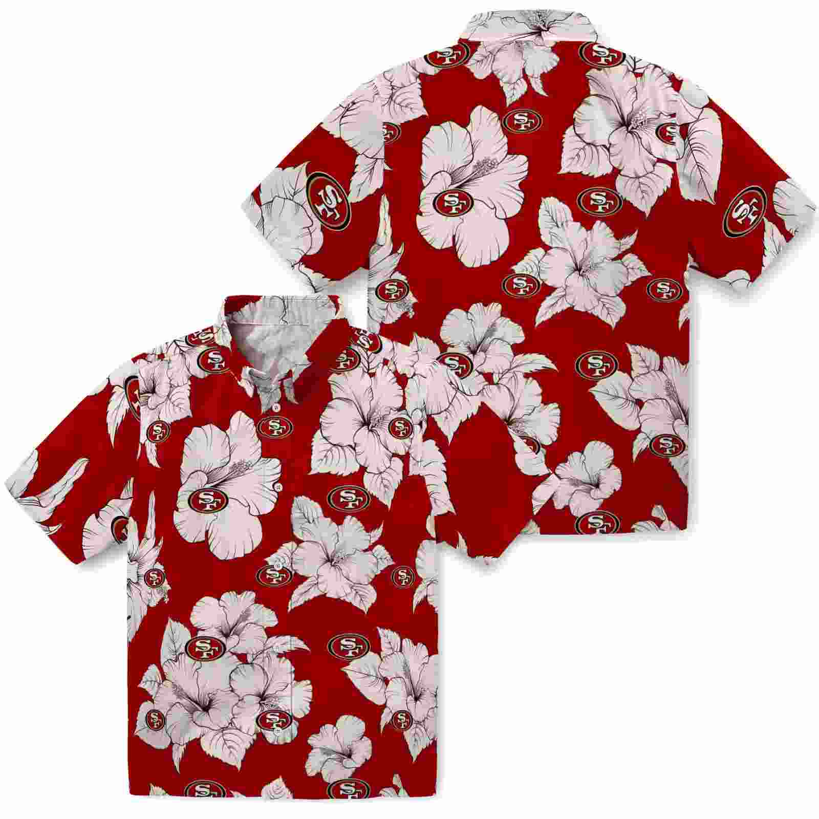 san francisco 49ers hibiscus blooms red white hawaiian shirt high quality