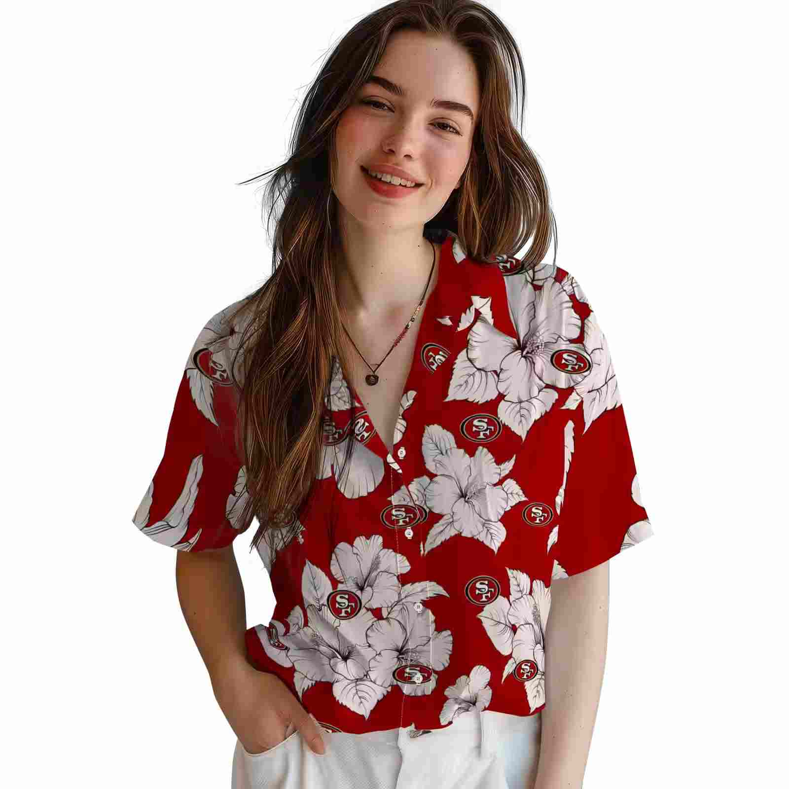 san francisco 49ers hibiscus blooms red white hawaiian shirt latest model