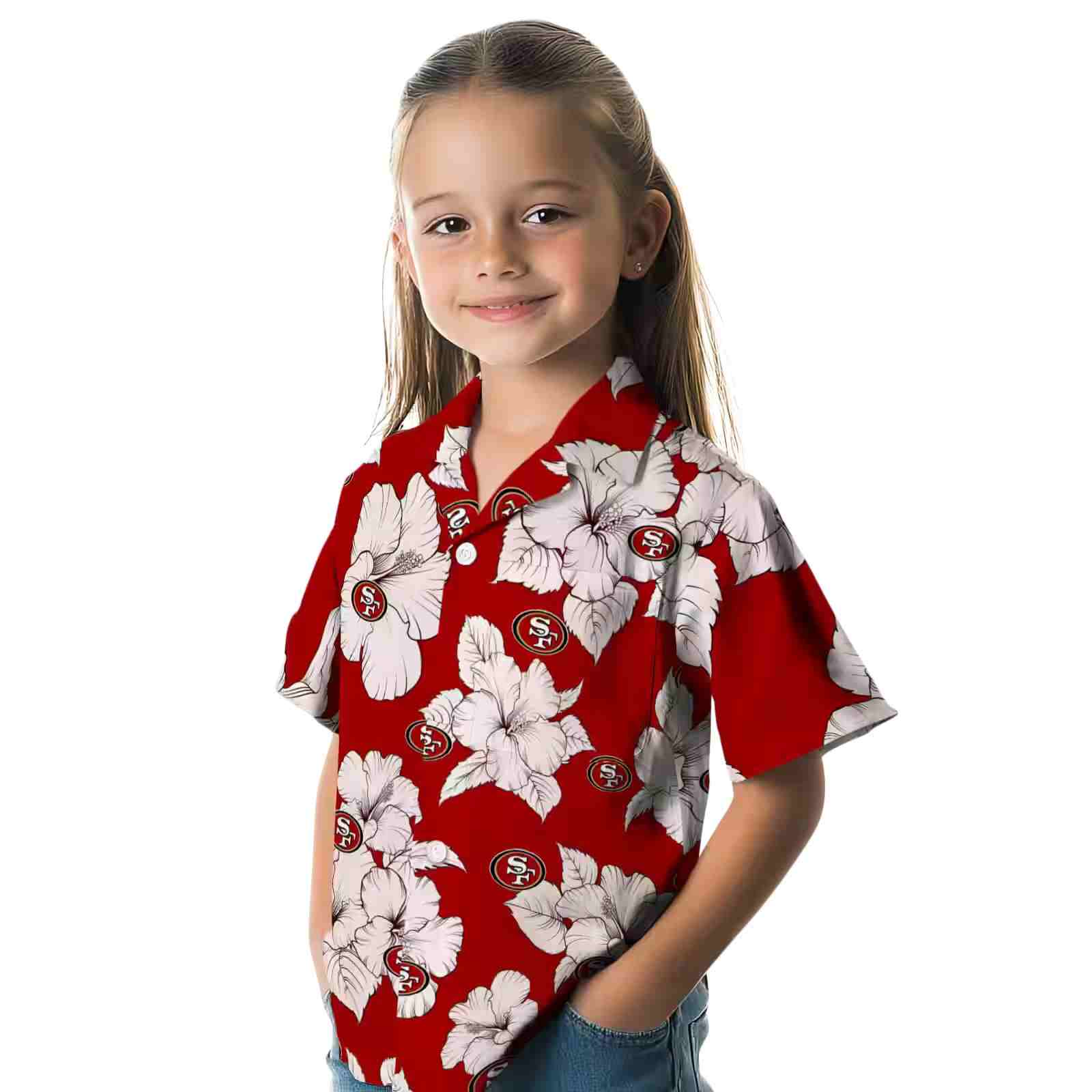 san francisco 49ers hibiscus blooms red white hawaiian shirt premium grade