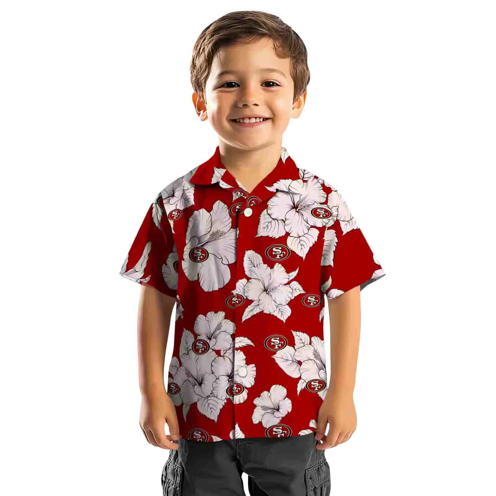 san francisco 49ers hibiscus blooms red white hawaiian shirt top rated