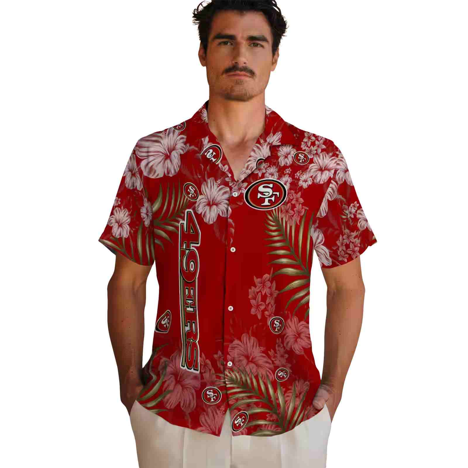 san francisco 49ers hibiscus print red hawaiian shirt fashion forward